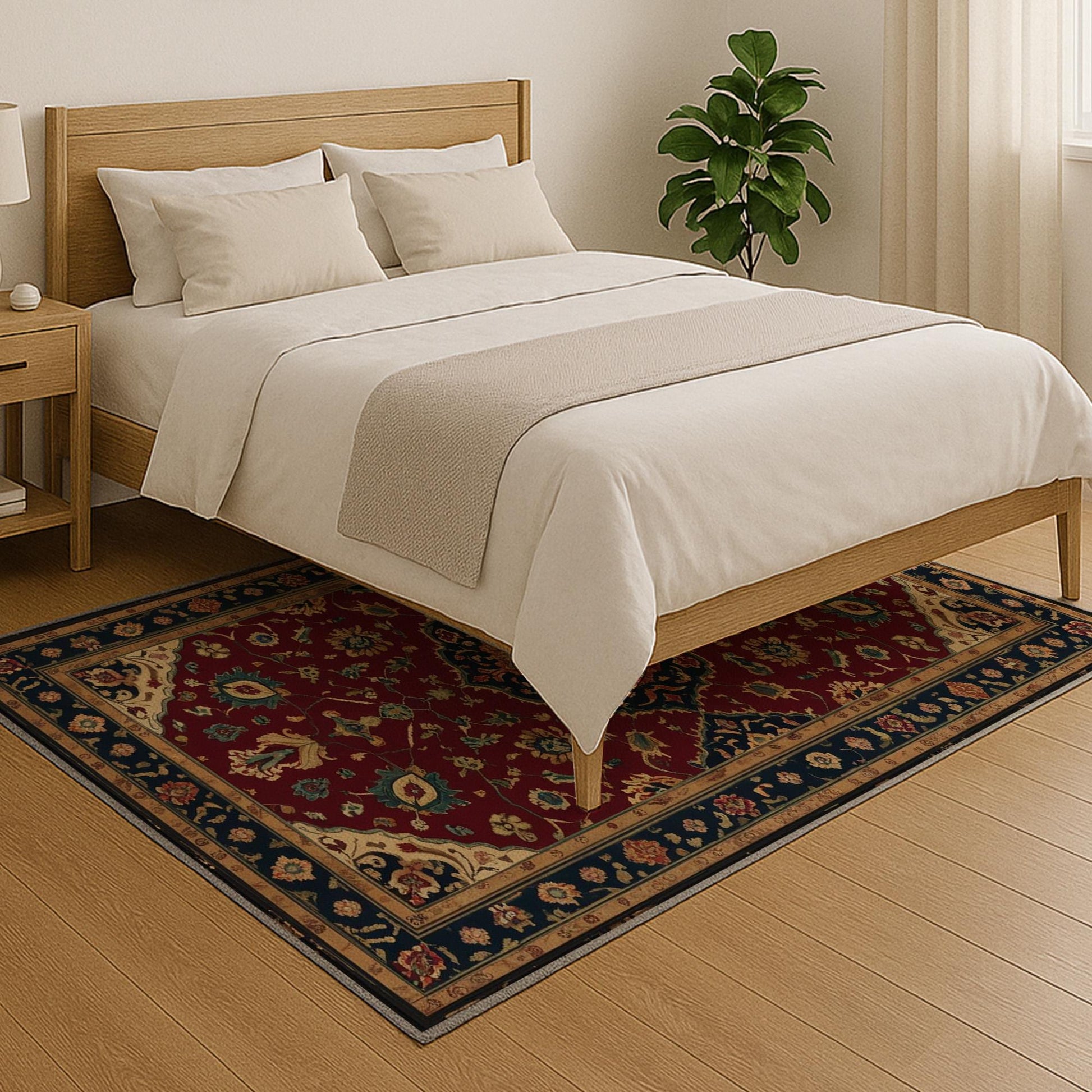 Red oriental medallion rug with floral border, deep crimson background, washable chenille surface, non-slip recycled cotton backing.