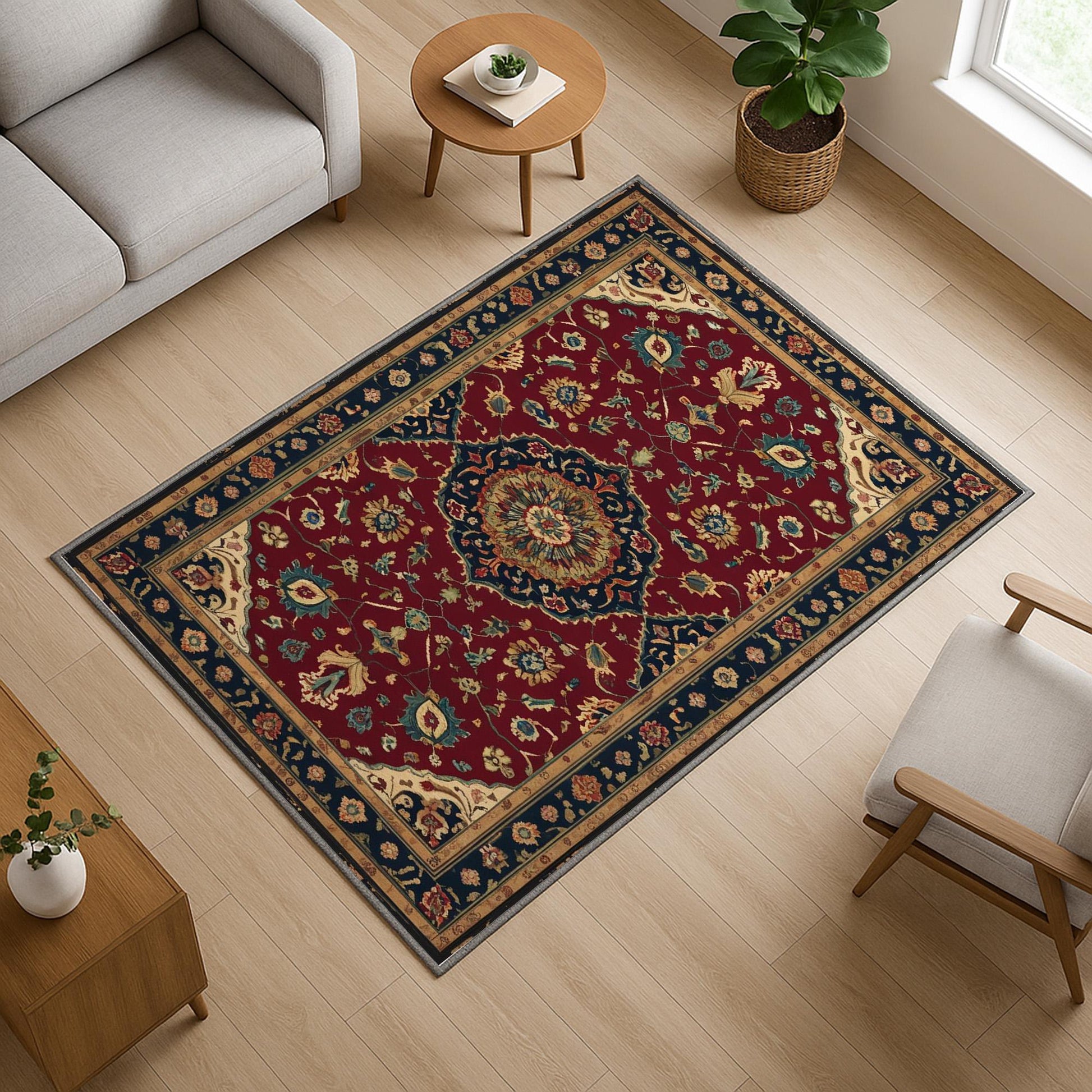 Red oriental medallion rug with floral border, deep crimson background, washable chenille surface, non-slip recycled cotton backing.
