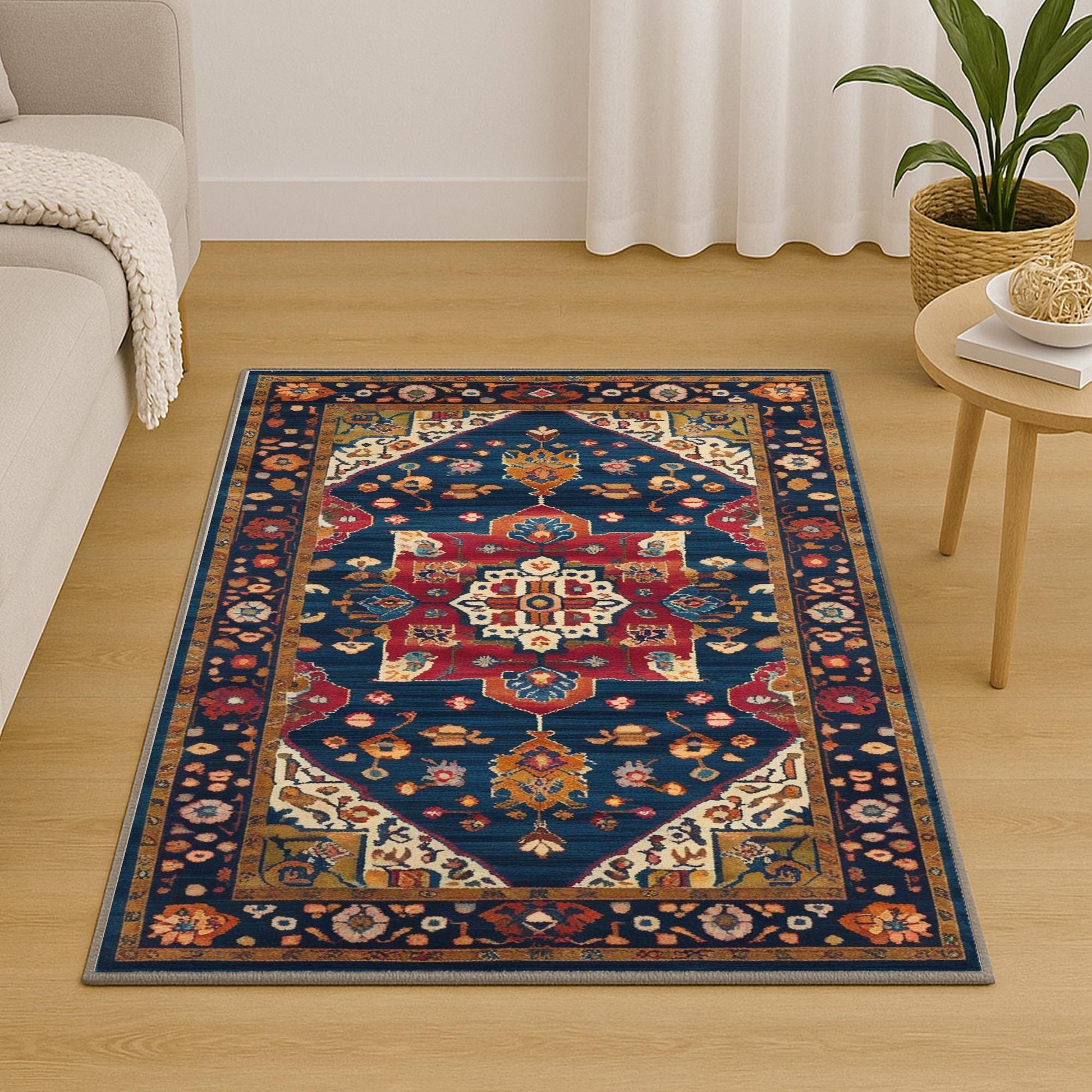 Colorful oriental chenille rug with antique frame border, rich floral motifs in deep blue, red, and gold tones, washable and non-slip backing.