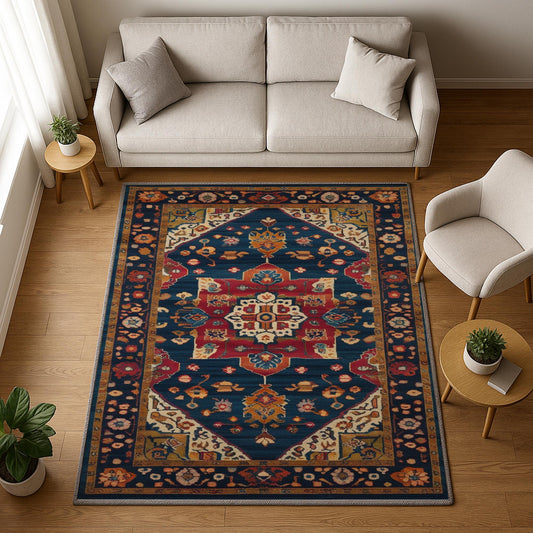Colorful oriental chenille rug with antique frame border, rich floral motifs in deep blue, red, and gold tones, washable and non-slip backing.