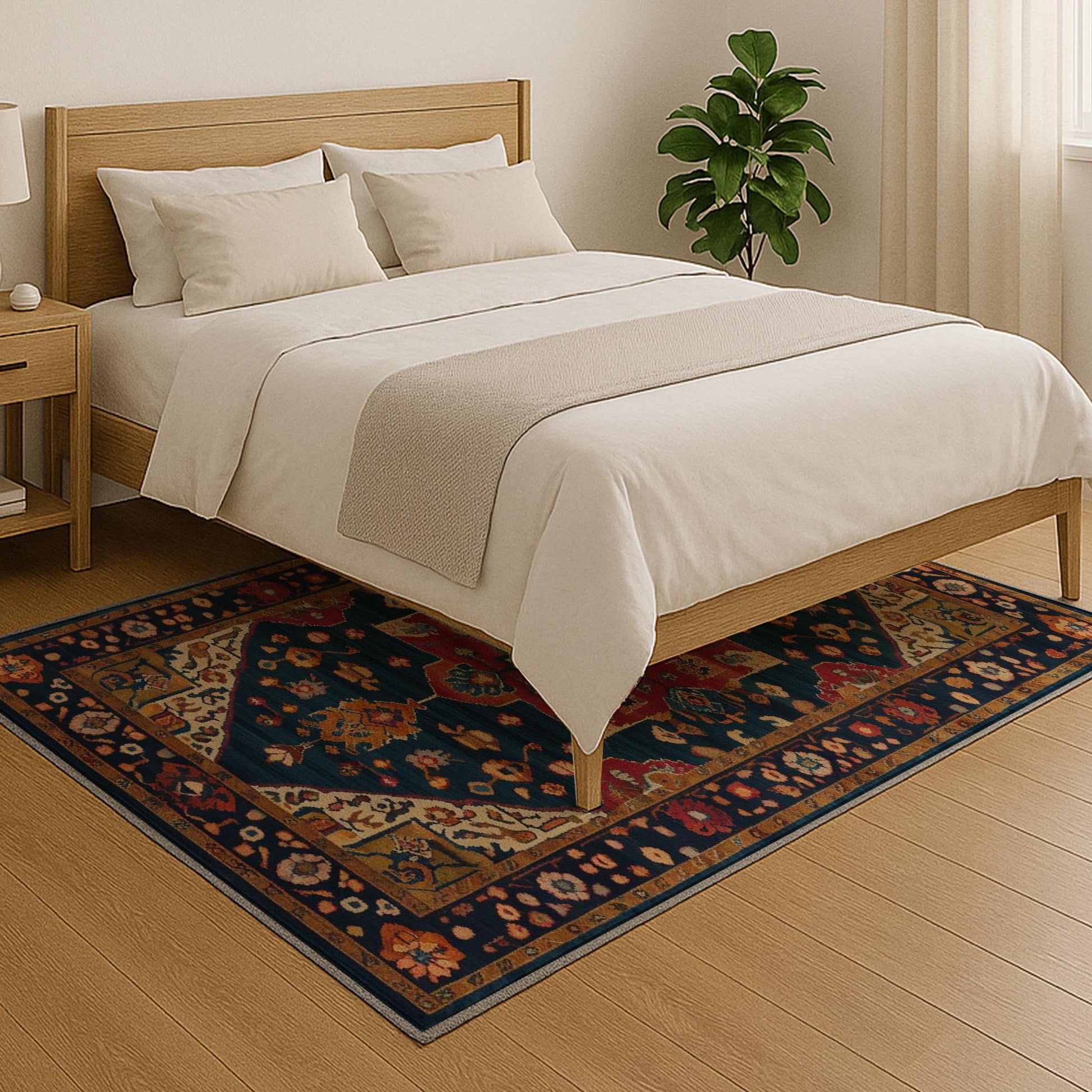 Colorful oriental chenille rug with antique frame border, rich floral motifs in deep blue, red, and gold tones, washable and non-slip backing.