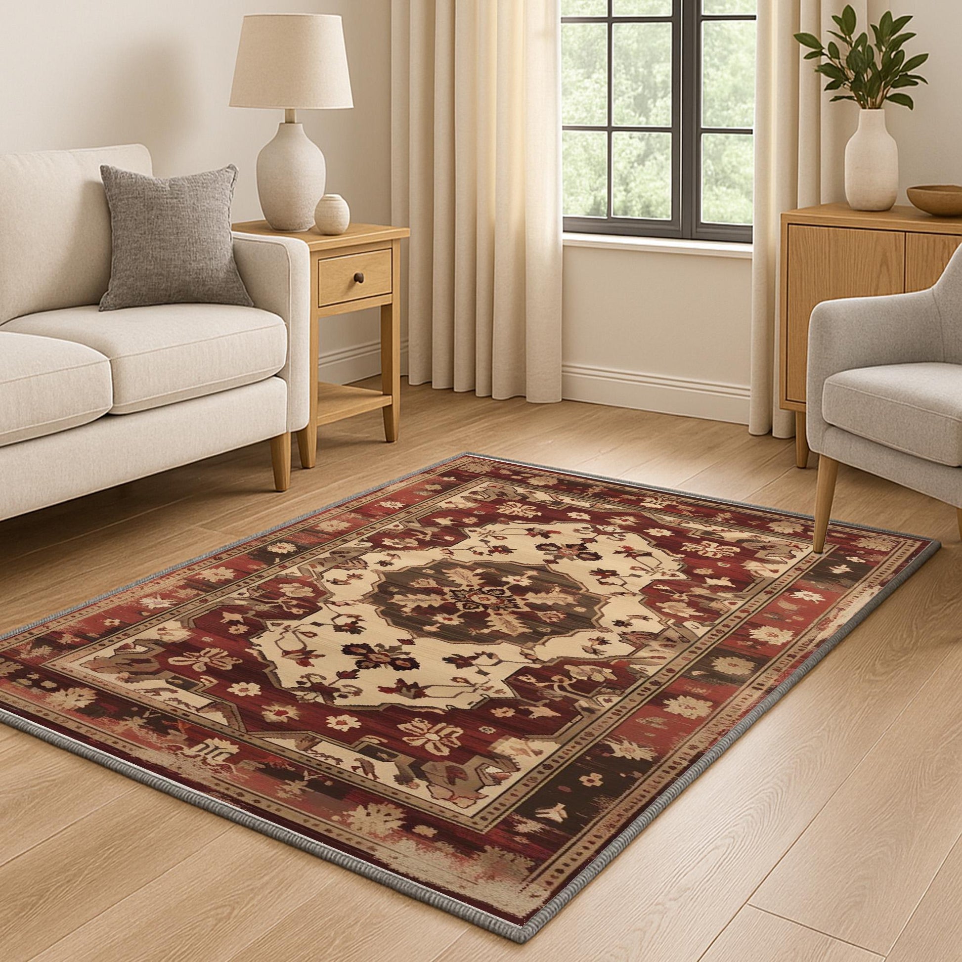 Red and beige oriental vintage rug with antique border and classic medallion design, washable chenille surface, non-slip recycled cotton backing, perfect for living room or dining space.
