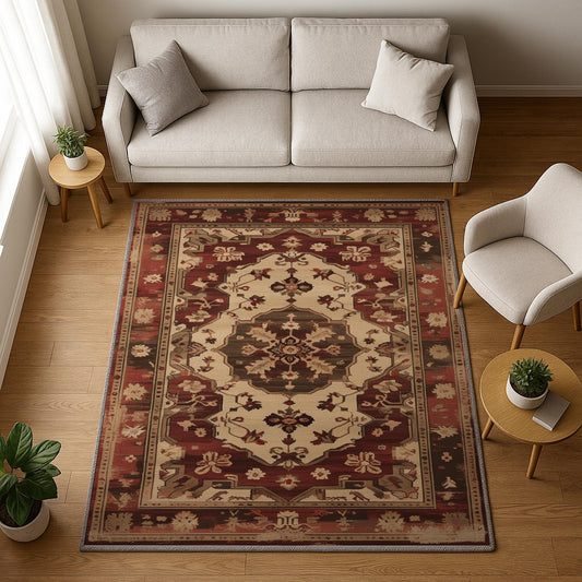Red and beige oriental vintage rug with antique border and classic medallion design, washable chenille surface, non-slip recycled cotton backing, perfect for living room or dining space.