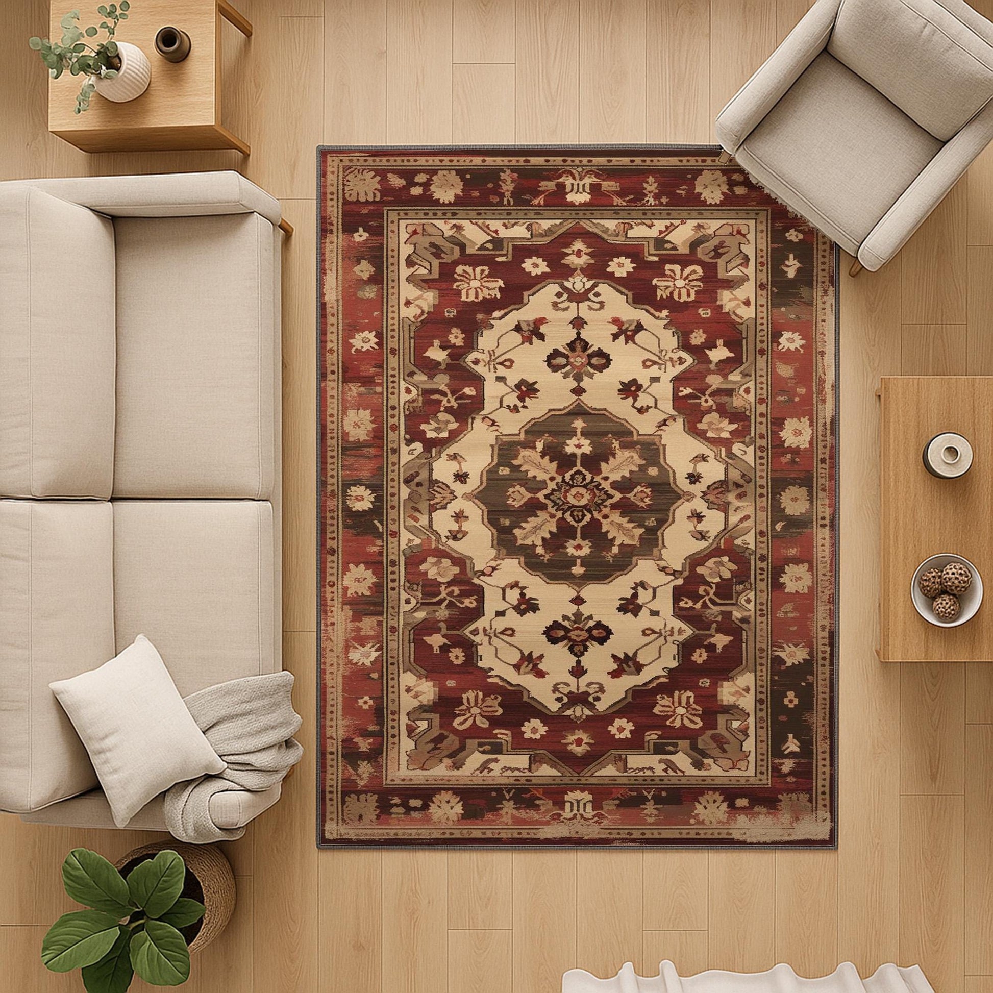 Red and beige oriental vintage rug with antique border and classic medallion design, washable chenille surface, non-slip recycled cotton backing, perfect for living room or dining space.