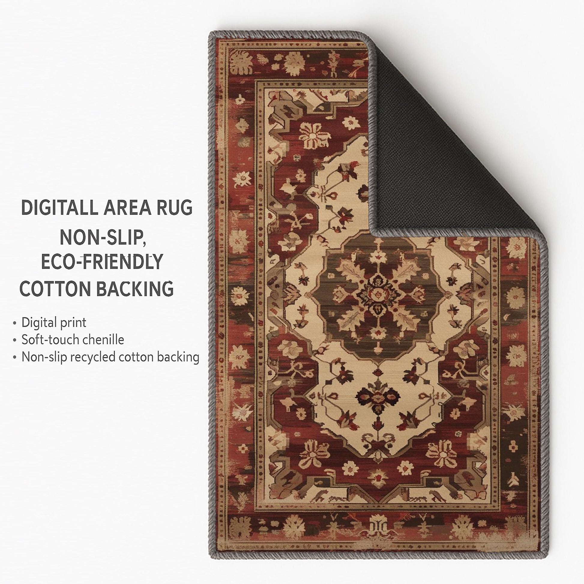 Red and beige oriental vintage rug with antique border and classic medallion design, washable chenille surface, non-slip recycled cotton backing, perfect for living room or dining space.