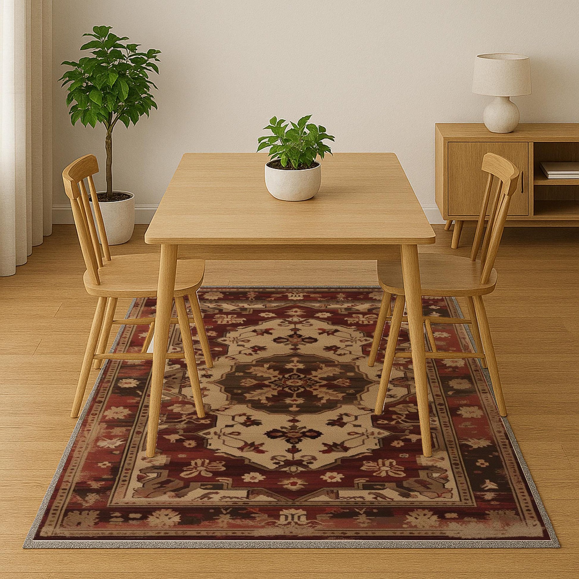 Red and beige oriental vintage rug with antique border and classic medallion design, washable chenille surface, non-slip recycled cotton backing, perfect for living room or dining space.