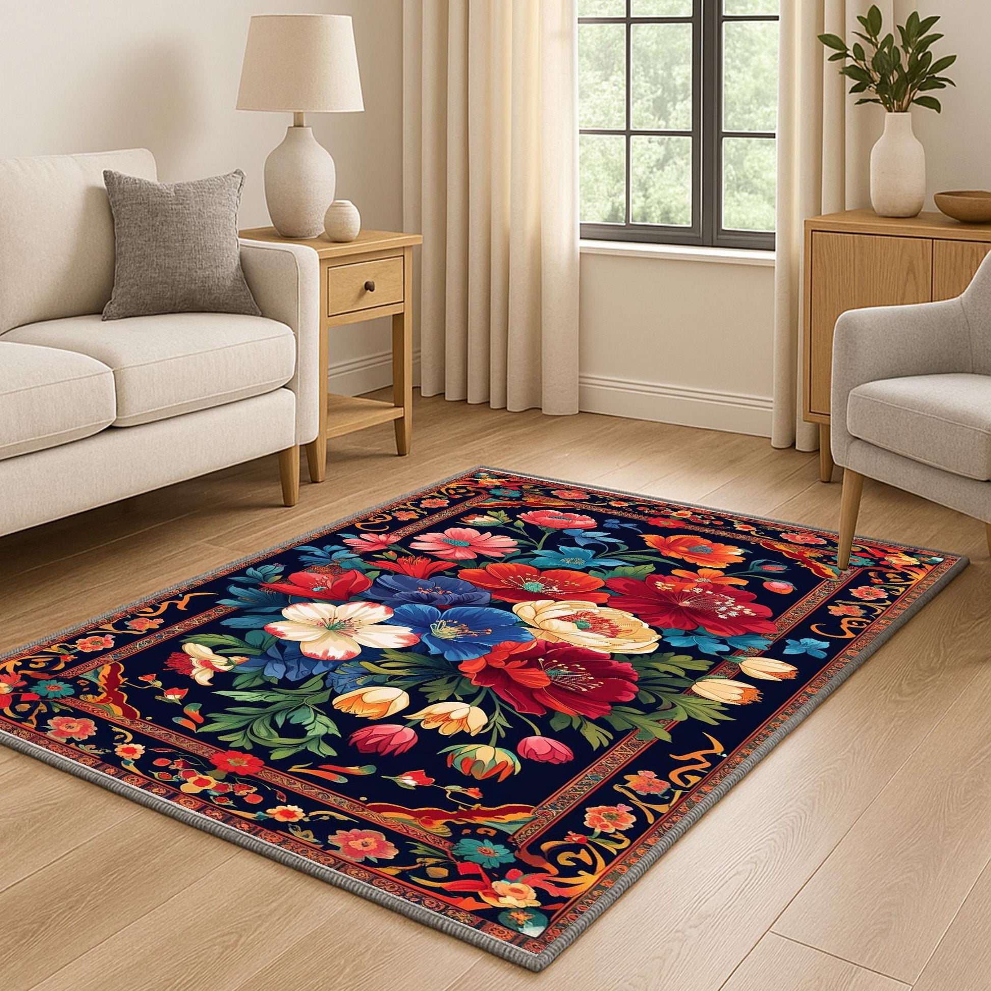Vibrant floral chenille rug with colorful oriental frame border, washable non-slip backing, perfect for bohemian and vintage living room decor.