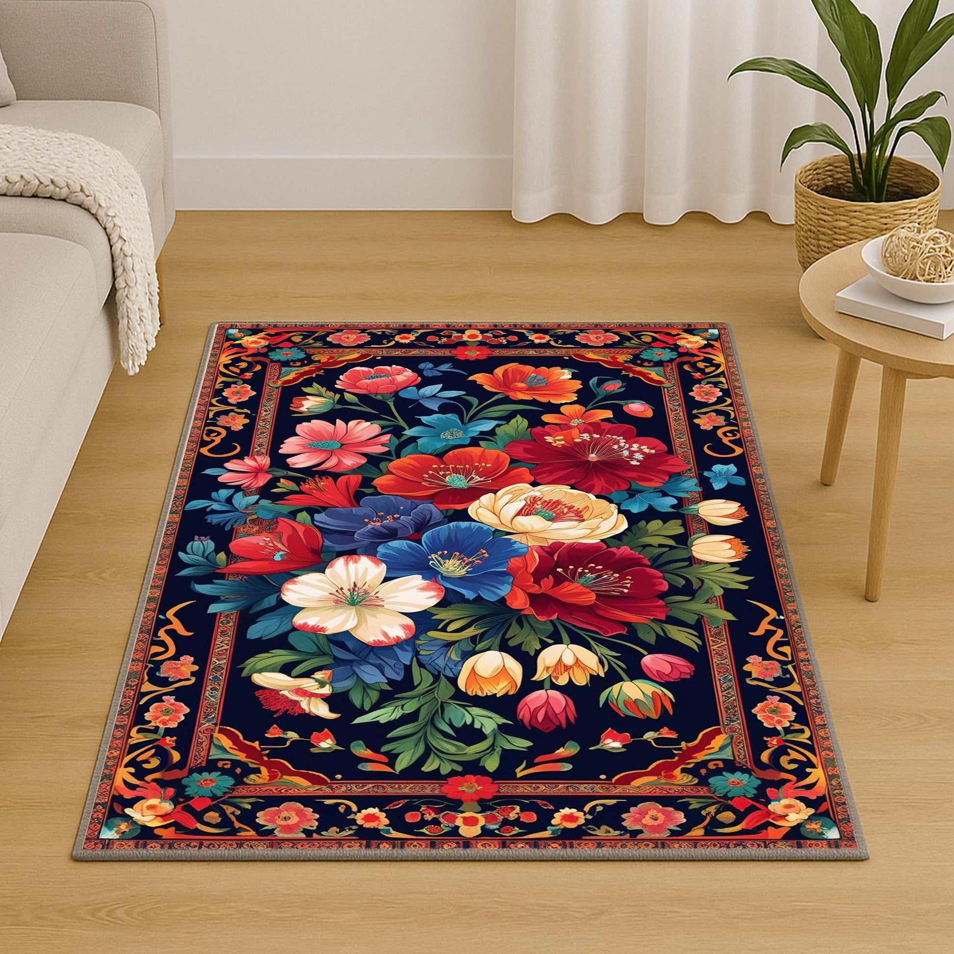 Vibrant floral chenille rug with colorful oriental frame border, washable non-slip backing, perfect for bohemian and vintage living room decor.