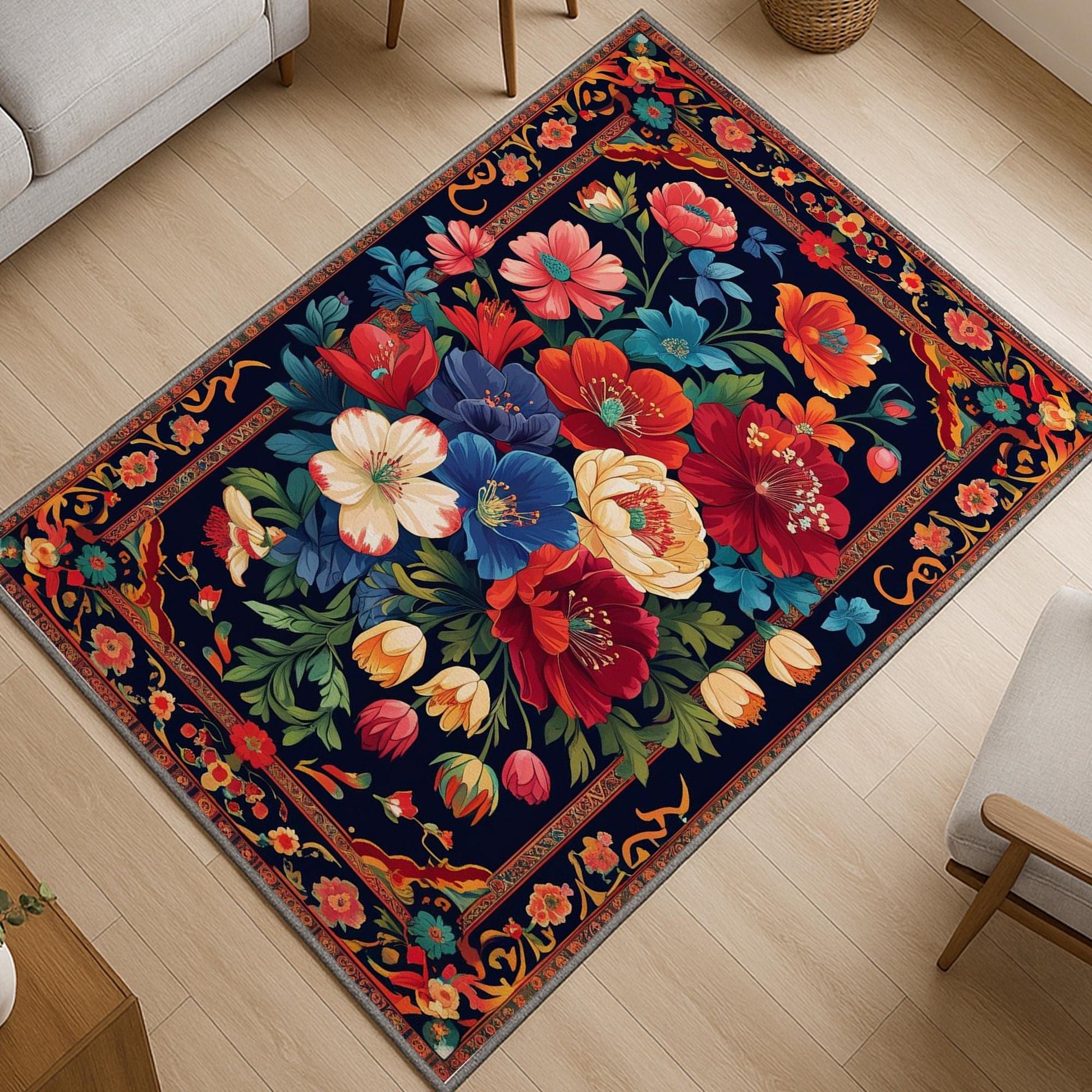 Vibrant floral chenille rug with colorful oriental frame border, washable non-slip backing, perfect for bohemian and vintage living room decor.