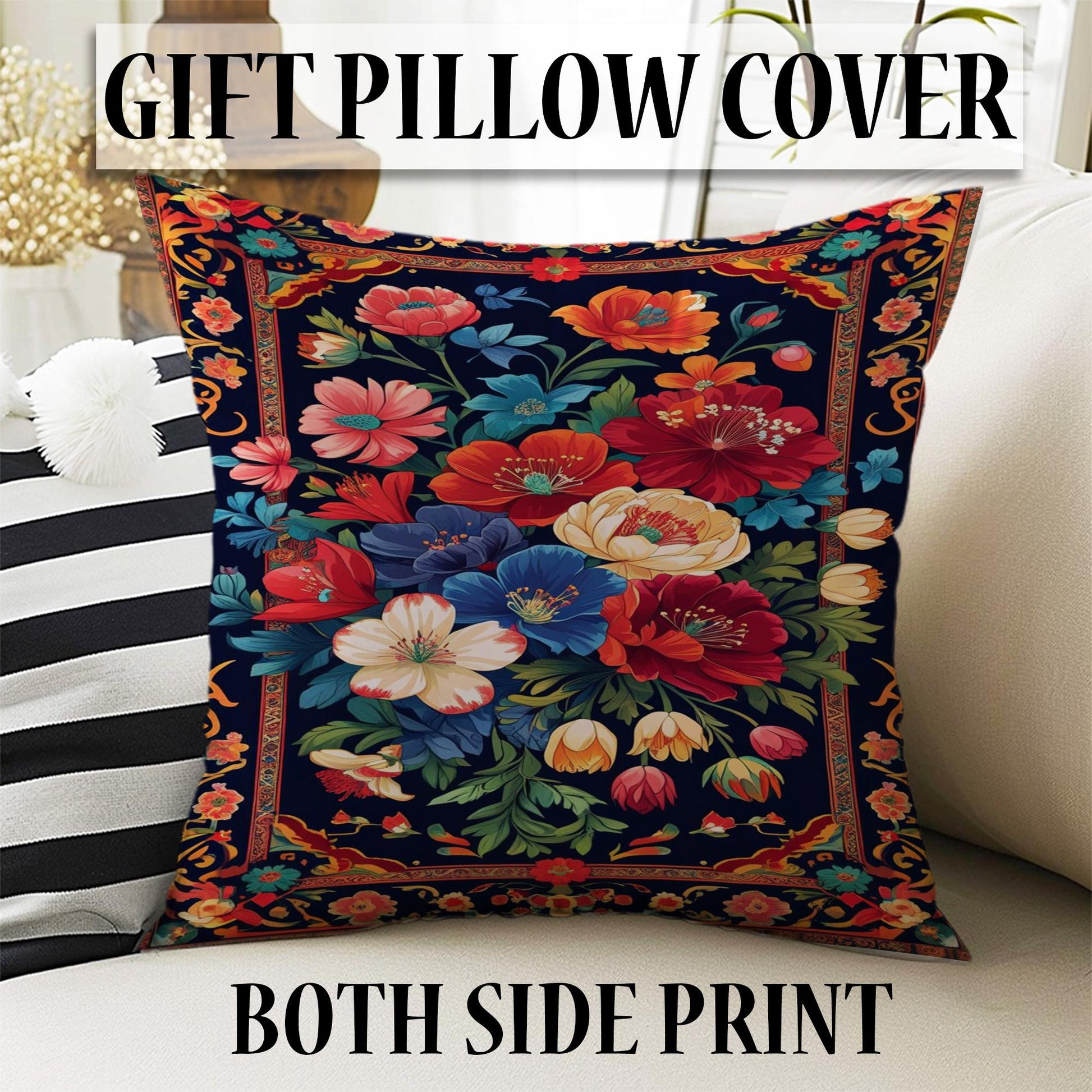 Vibrant floral chenille rug with colorful oriental frame border, washable non-slip backing, perfect for bohemian and vintage living room decor.