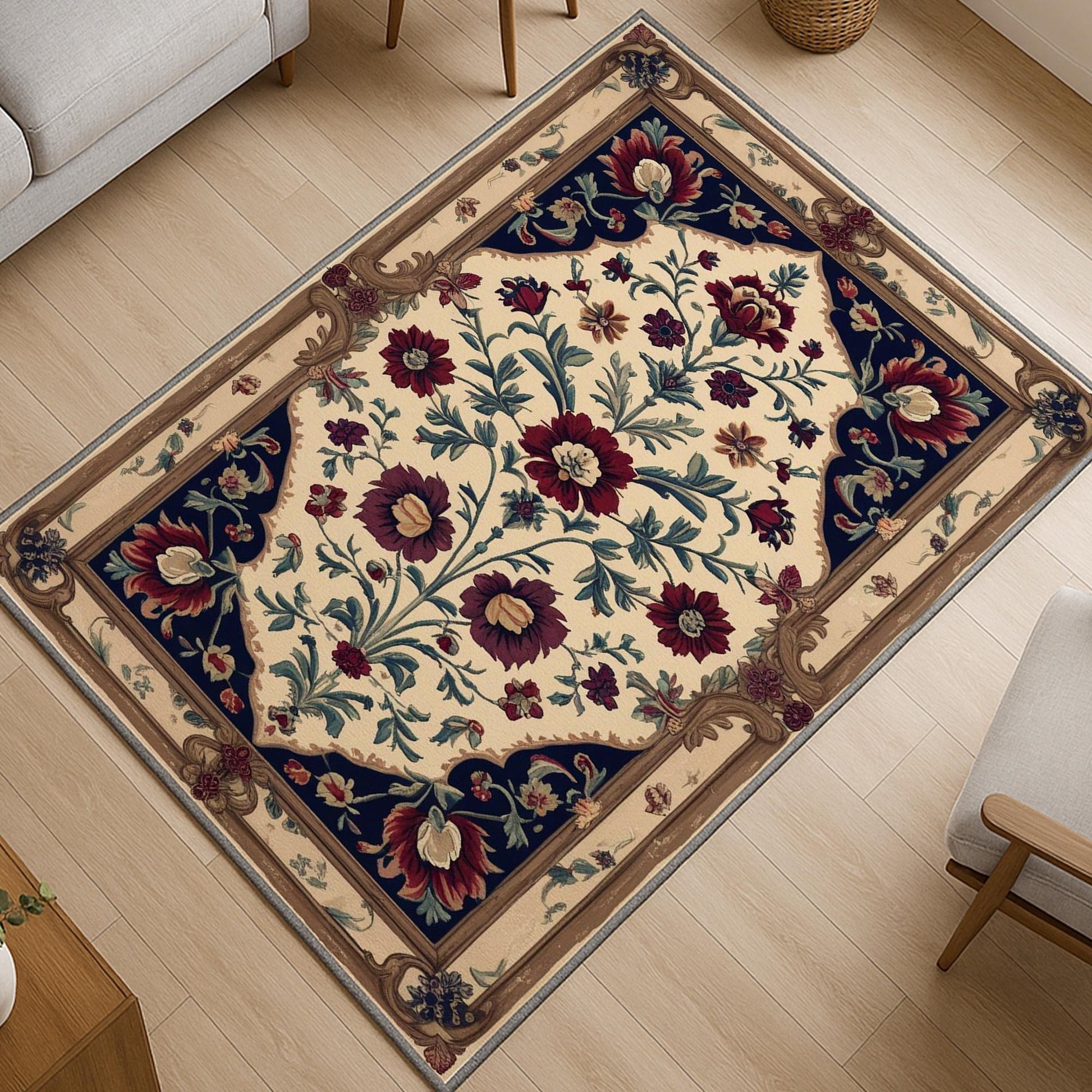 Vintage Floral Rug - Washable Chenille Carpet with Oriental Frame Border - Elegant Victorian Style for Living Room or Bedroom