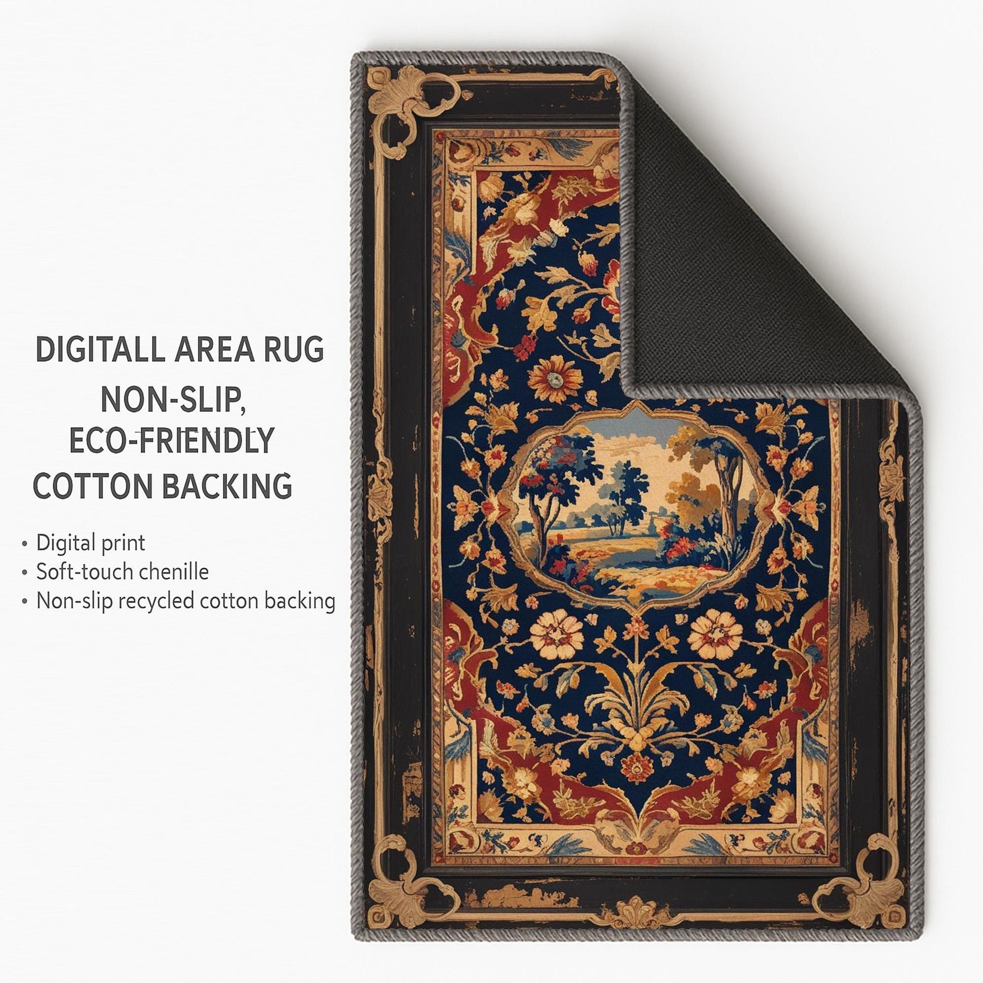 French tapestry style chenille rug featuring a vintage garden scene with trees and flowers, surrounded by a rich oriental border in navy, red, and gold tones. Washable, non-slip, and perfect for Victorian or dark academia interiors.