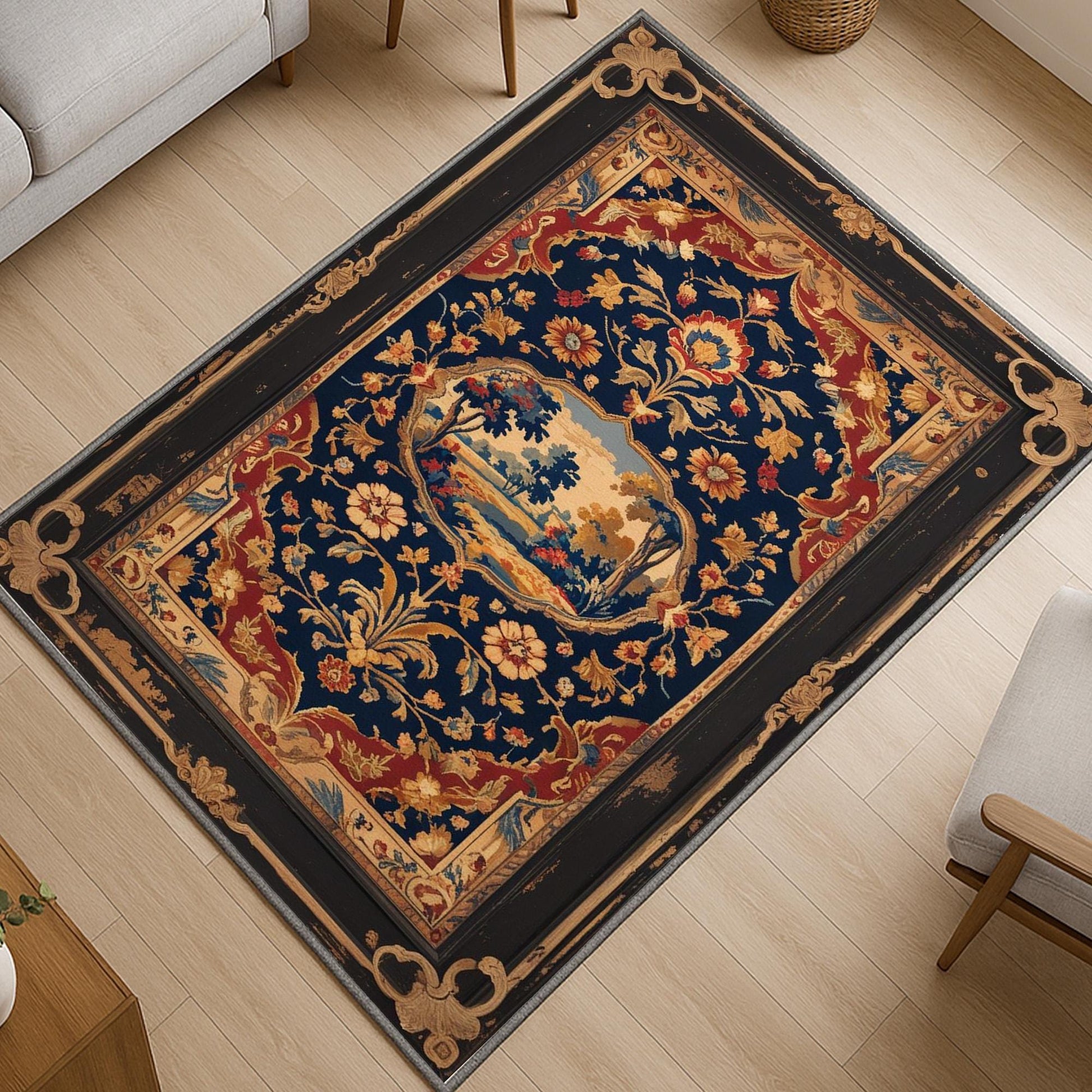 French tapestry style chenille rug featuring a vintage garden scene with trees and flowers, surrounded by a rich oriental border in navy, red, and gold tones. Washable, non-slip, and perfect for Victorian or dark academia interiors.