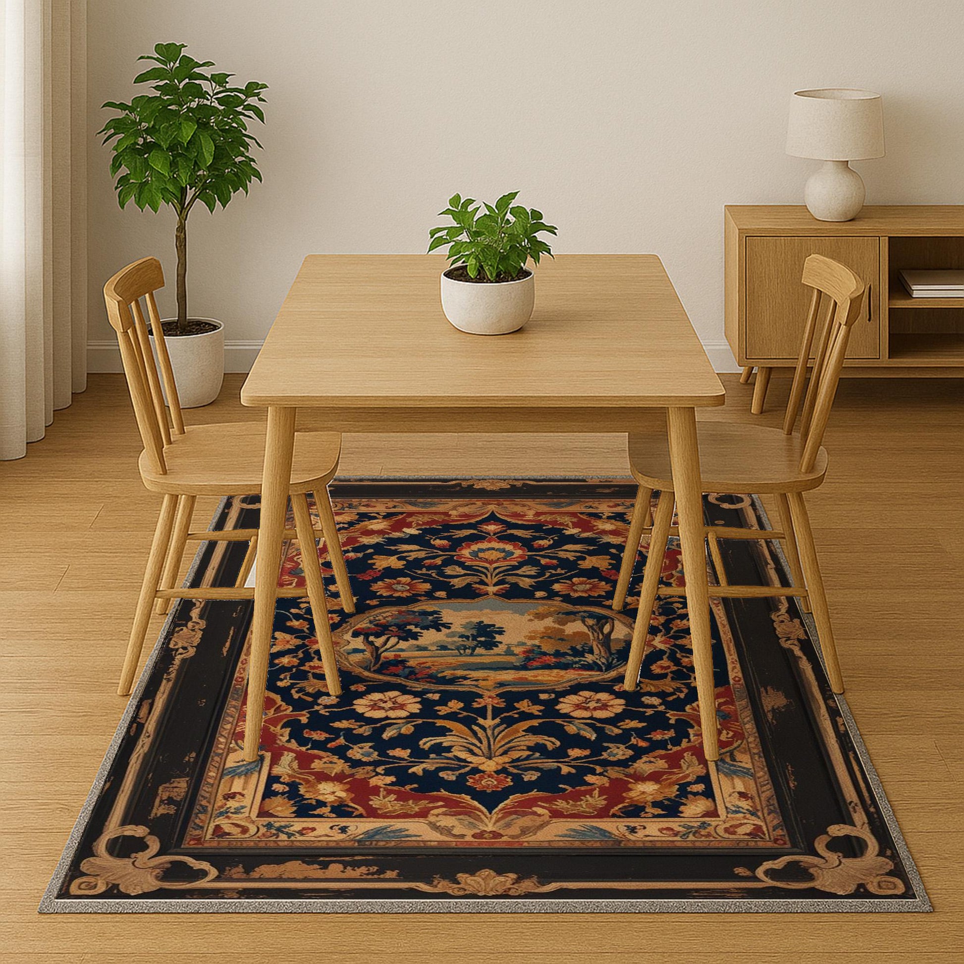 French tapestry style chenille rug featuring a vintage garden scene with trees and flowers, surrounded by a rich oriental border in navy, red, and gold tones. Washable, non-slip, and perfect for Victorian or dark academia interiors.