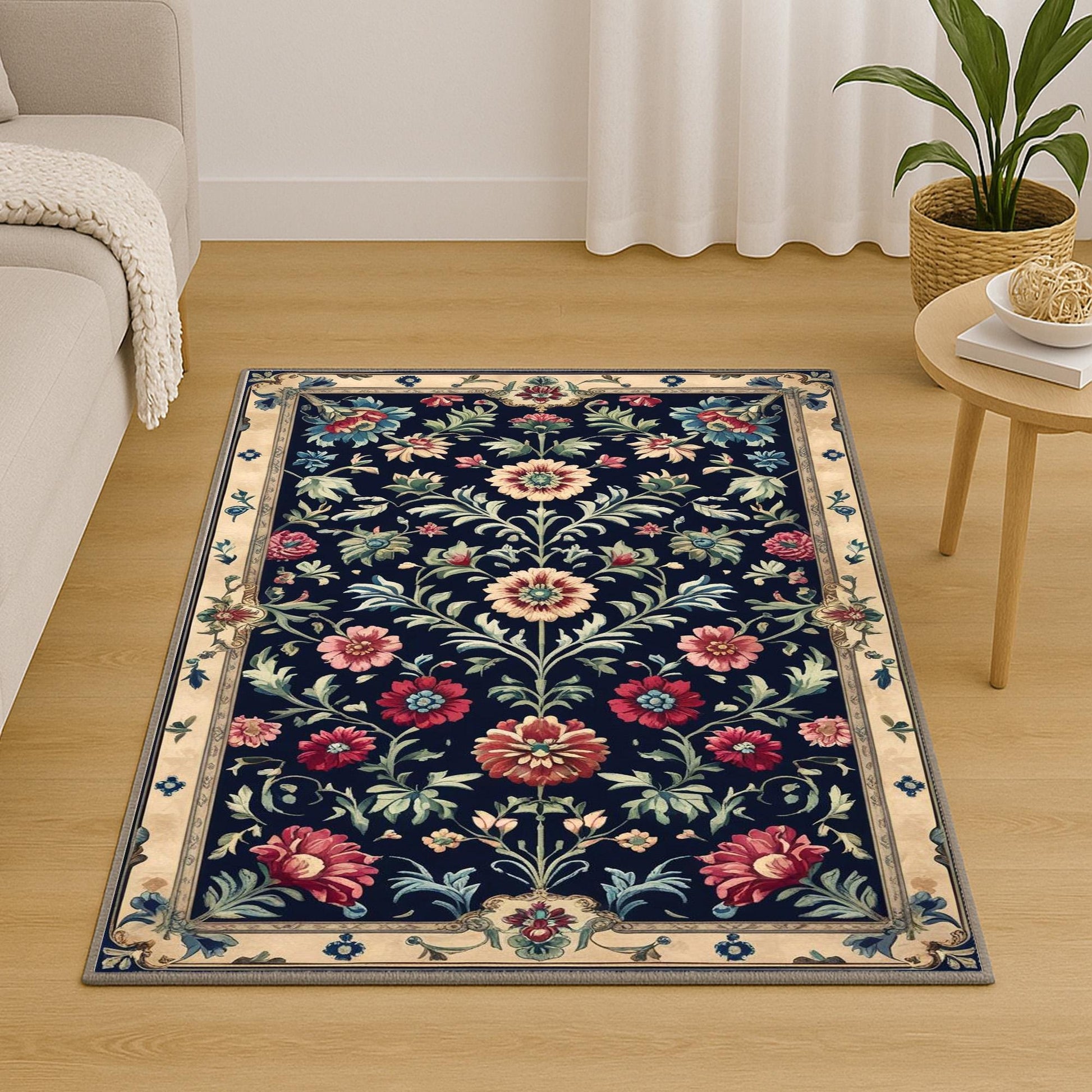 Vintage French floral tapestry rug with black background, ornate red and cream flowers, and antique cream border, washable chenille carpet for elegant home decor.