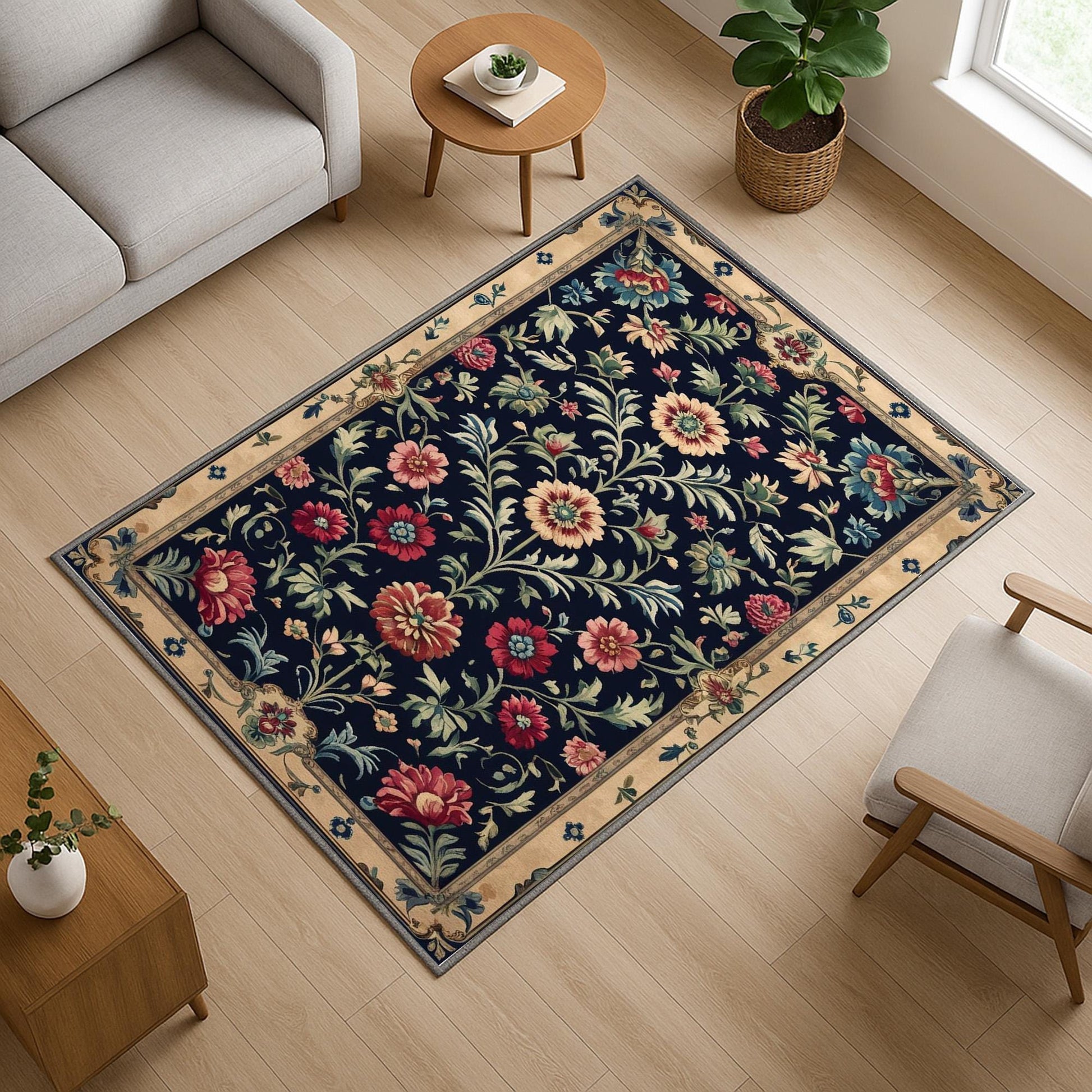 Vintage French floral tapestry rug with black background, ornate red and cream flowers, and antique cream border, washable chenille carpet for elegant home decor.