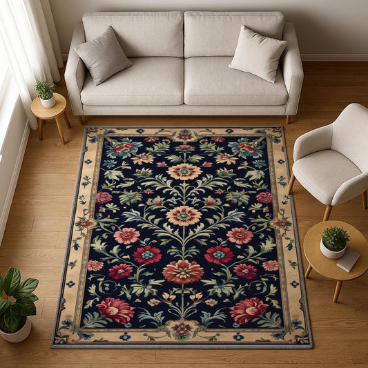 Vintage French floral tapestry rug with black background, ornate red and cream flowers, and antique cream border, washable chenille carpet for elegant home decor.