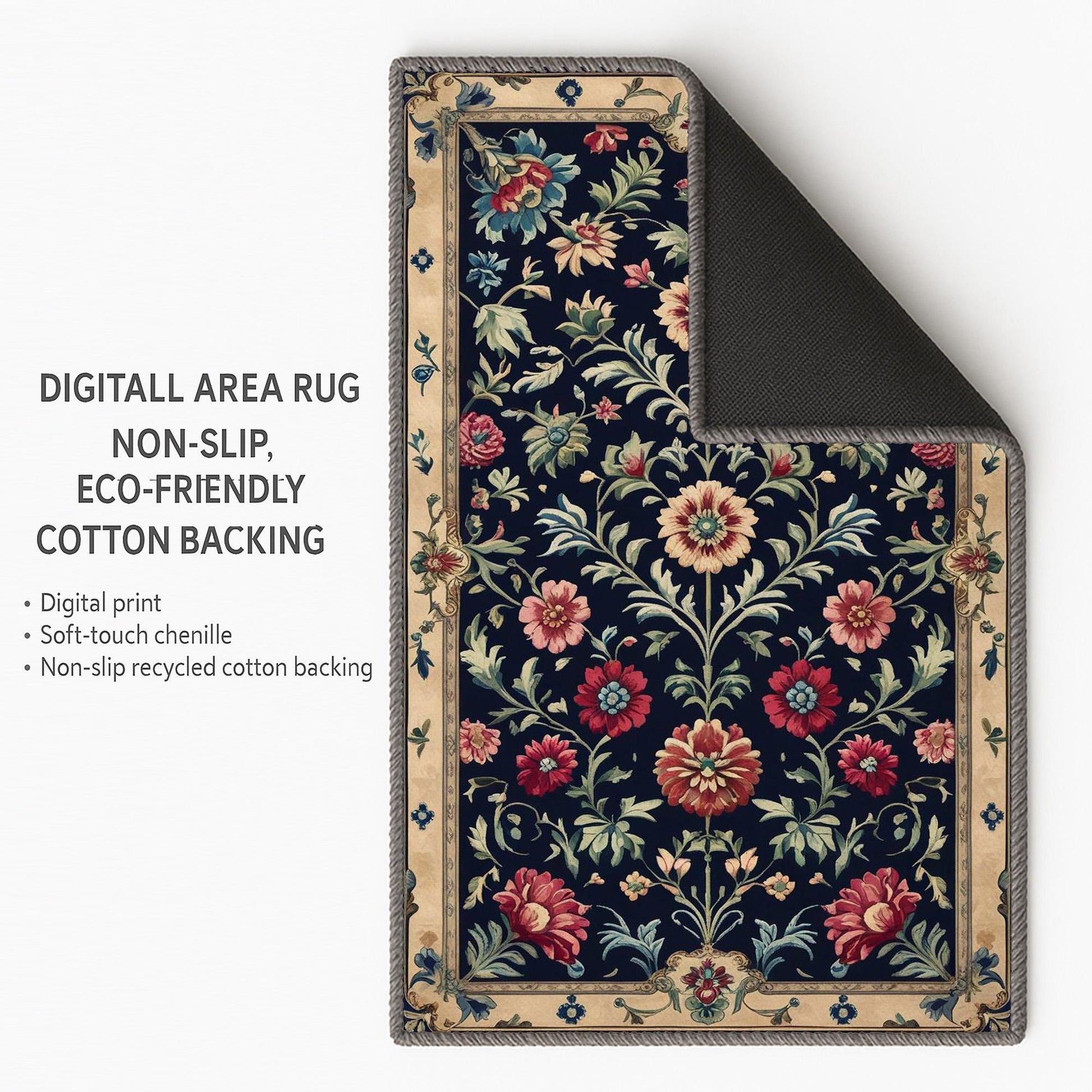 Vintage French floral tapestry rug with black background, ornate red and cream flowers, and antique cream border, washable chenille carpet for elegant home decor.