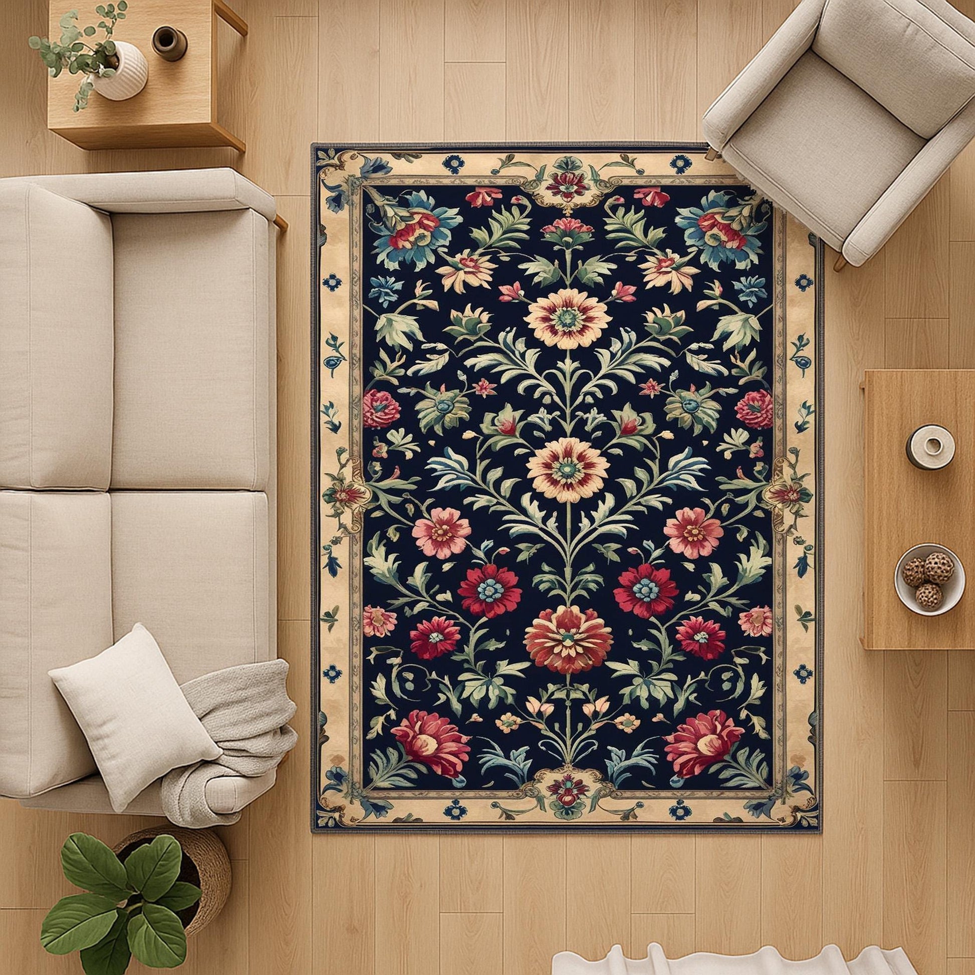 Vintage French floral tapestry rug with black background, ornate red and cream flowers, and antique cream border, washable chenille carpet for elegant home decor.