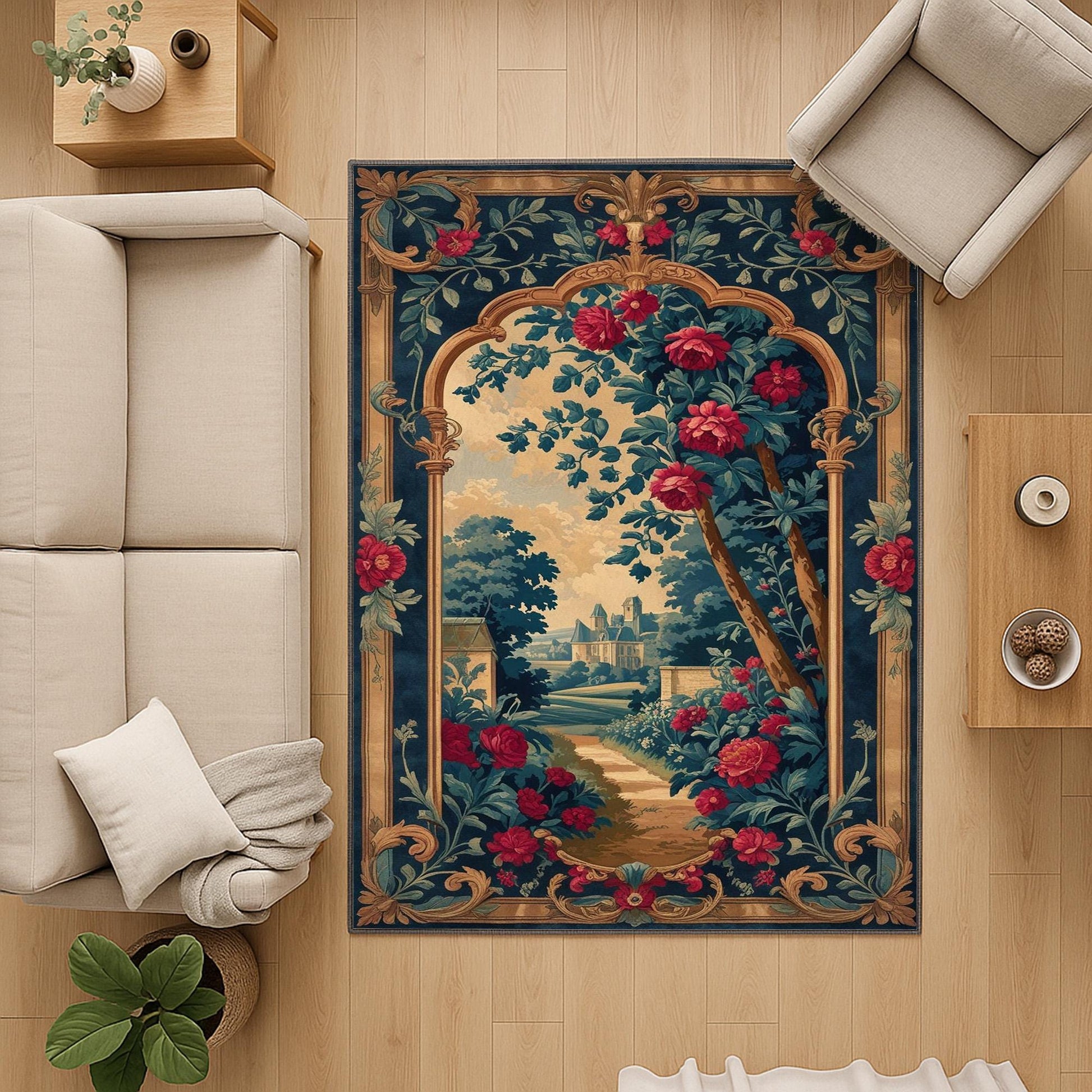 French Victorian chenille rug with ornate floral and grapevine design, antique-style border, washable non-slip backing, perfect for vintage home decor.