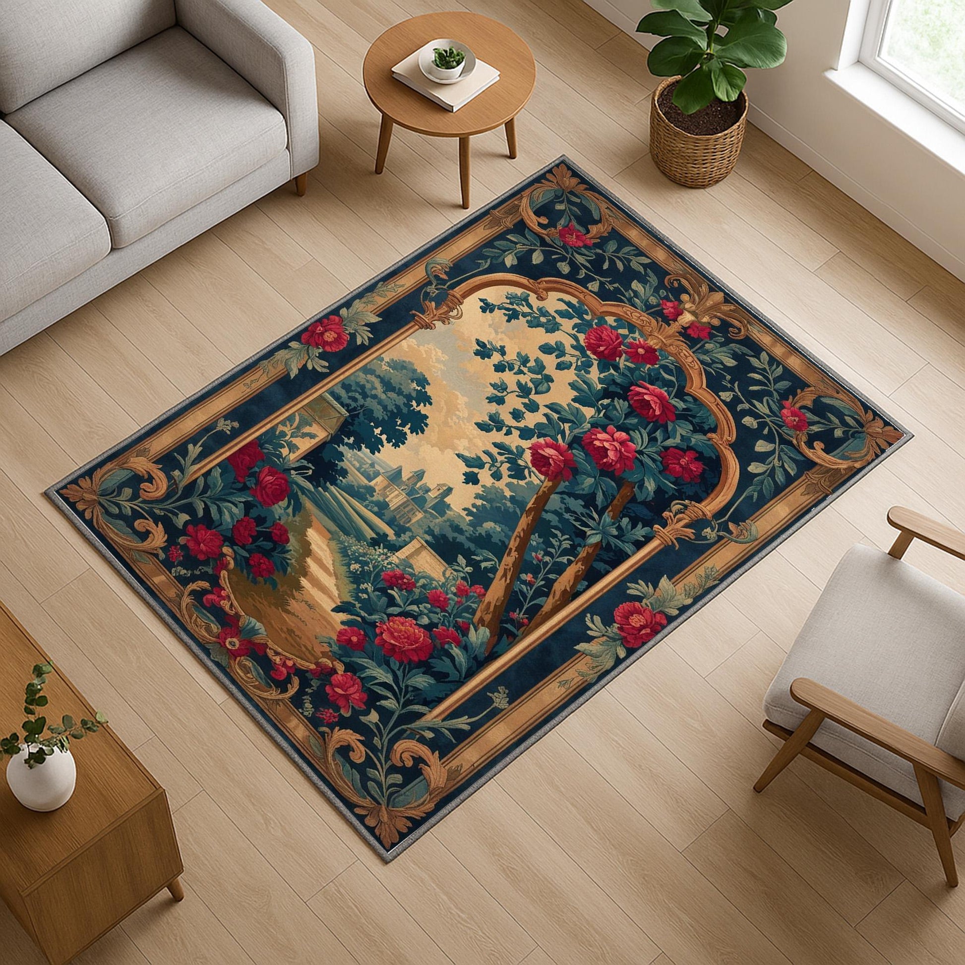 French Victorian chenille rug with ornate floral and grapevine design, antique-style border, washable non-slip backing, perfect for vintage home decor.