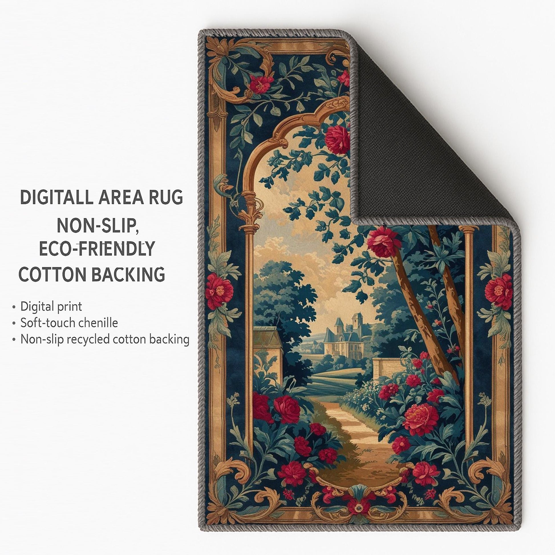 French Victorian chenille rug with ornate floral and grapevine design, antique-style border, washable non-slip backing, perfect for vintage home decor.