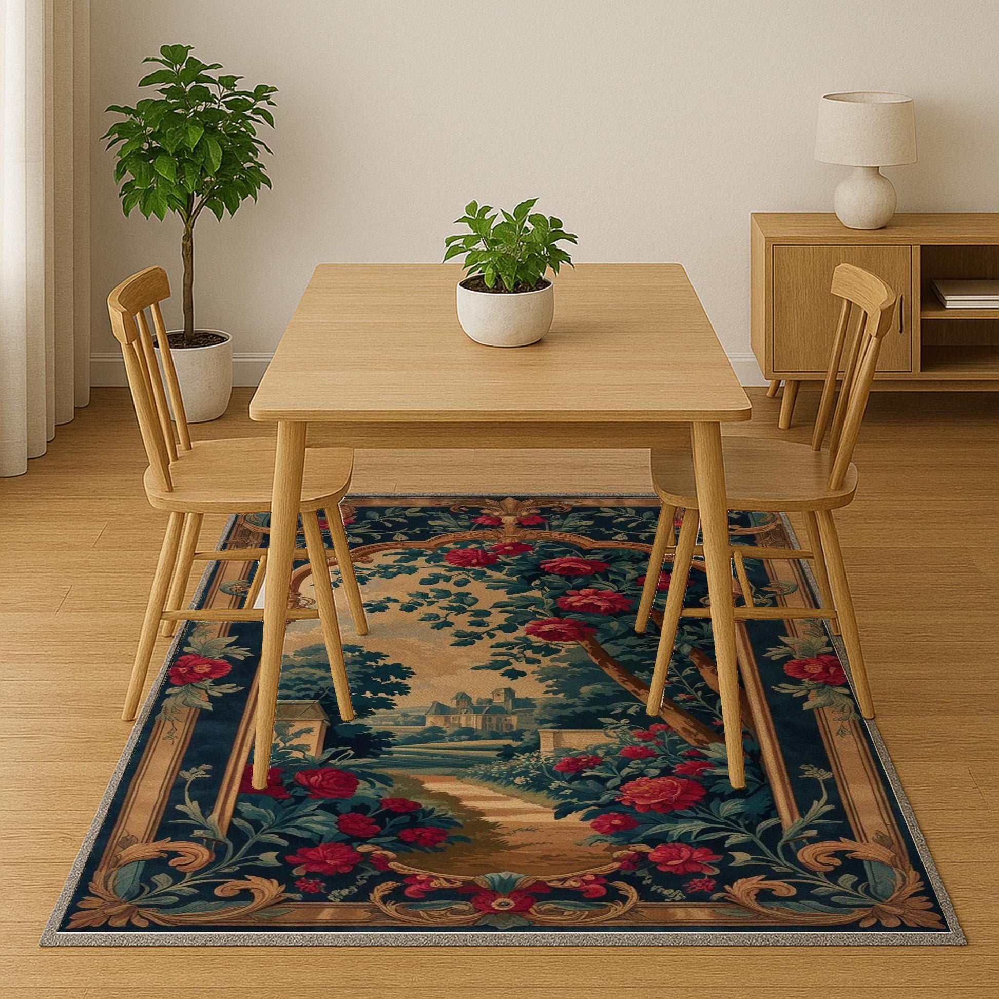 French Victorian chenille rug with ornate floral and grapevine design, antique-style border, washable non-slip backing, perfect for vintage home decor.