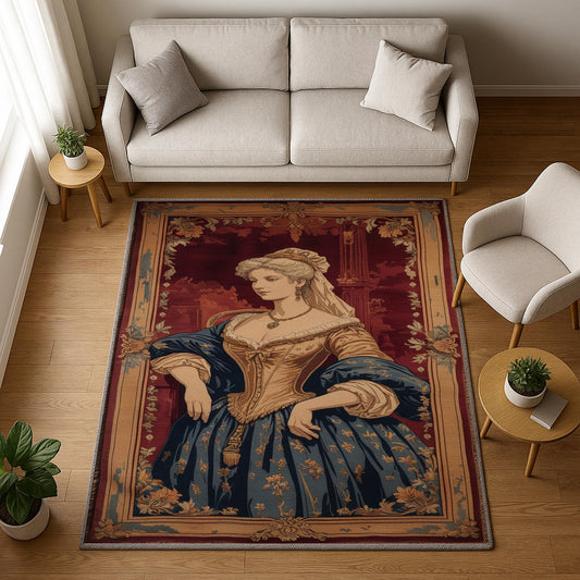 victorian rug, french tapestry, lady portrait, antique carpet, chenille rug, oriental border, classic decor, vintage rug, washable rug, european art, noble lady, elegant carpet, wall hanging