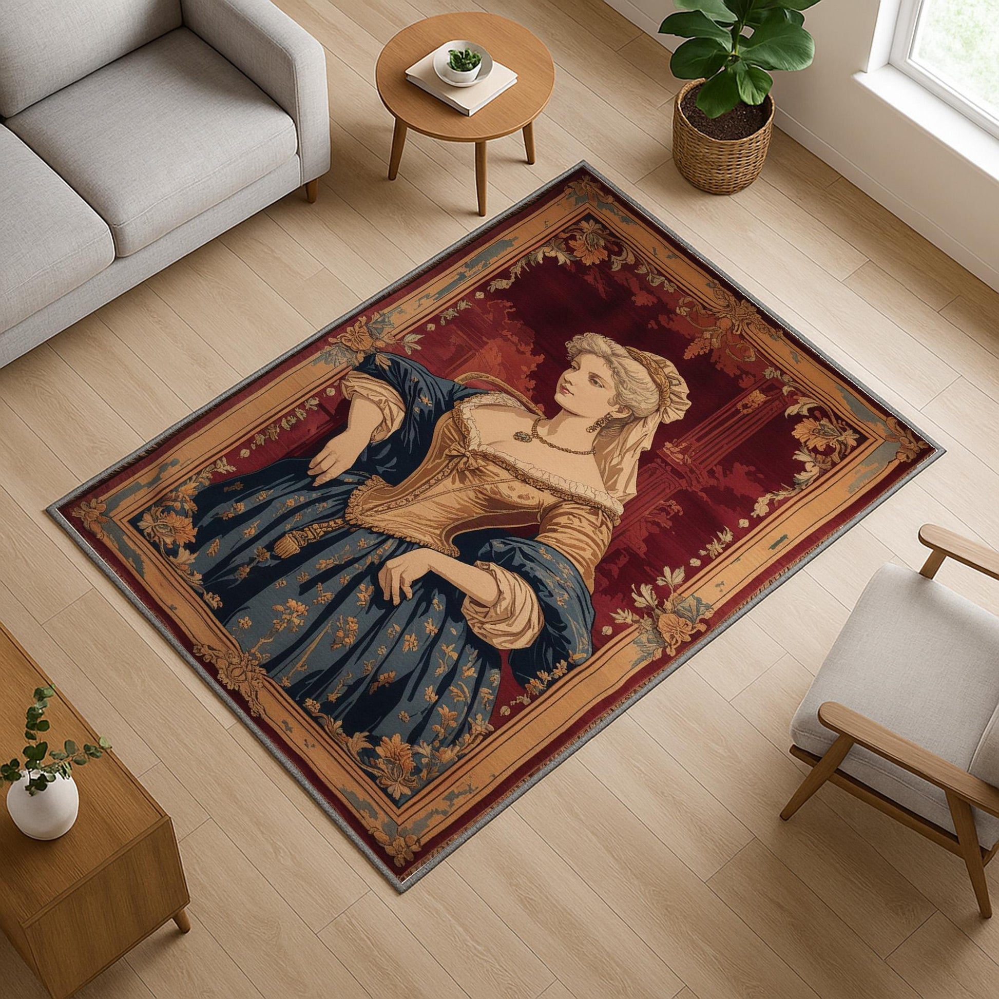 victorian rug, french tapestry, lady portrait, antique carpet, chenille rug, oriental border, classic decor, vintage rug, washable rug, european art, noble lady, elegant carpet, wall hanging