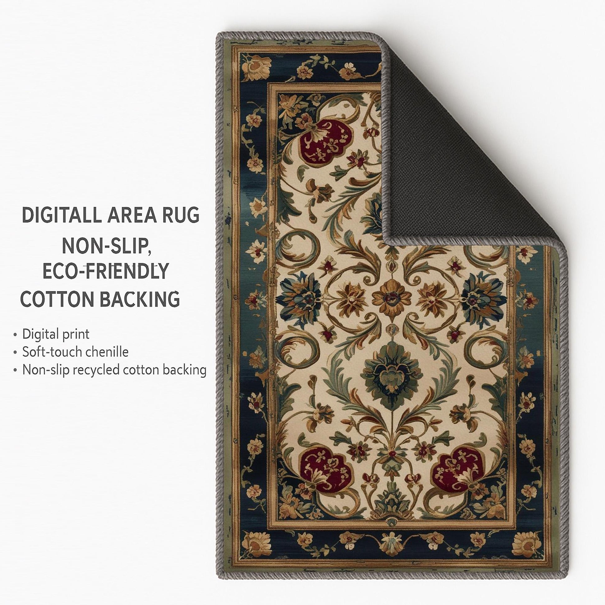 Victorian-style chenille rug with deep blue and red floral tapestry design, antique oriental border, washable and non-slip backing.
