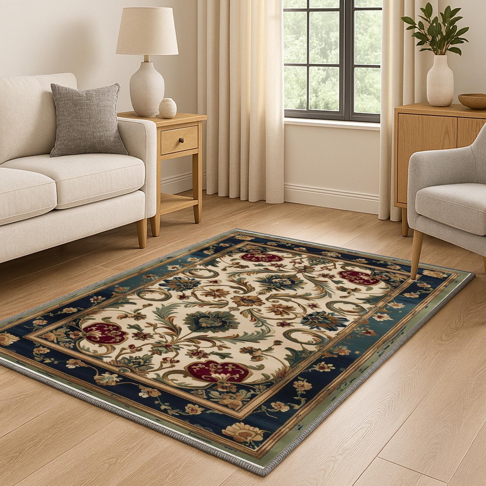 Victorian-style chenille rug with deep blue and red floral tapestry design, antique oriental border, washable and non-slip backing.
