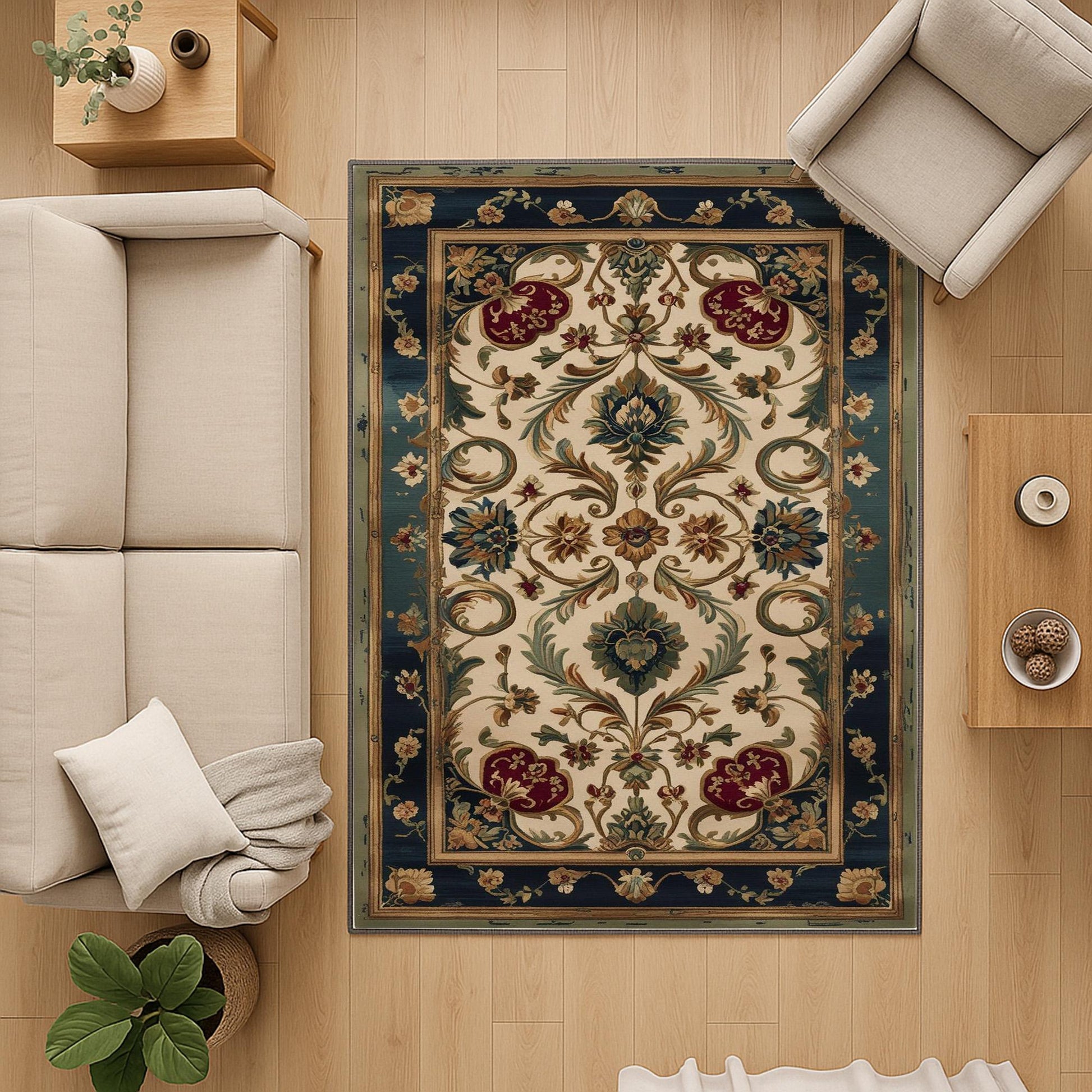 Victorian-style chenille rug with deep blue and red floral tapestry design, antique oriental border, washable and non-slip backing.
