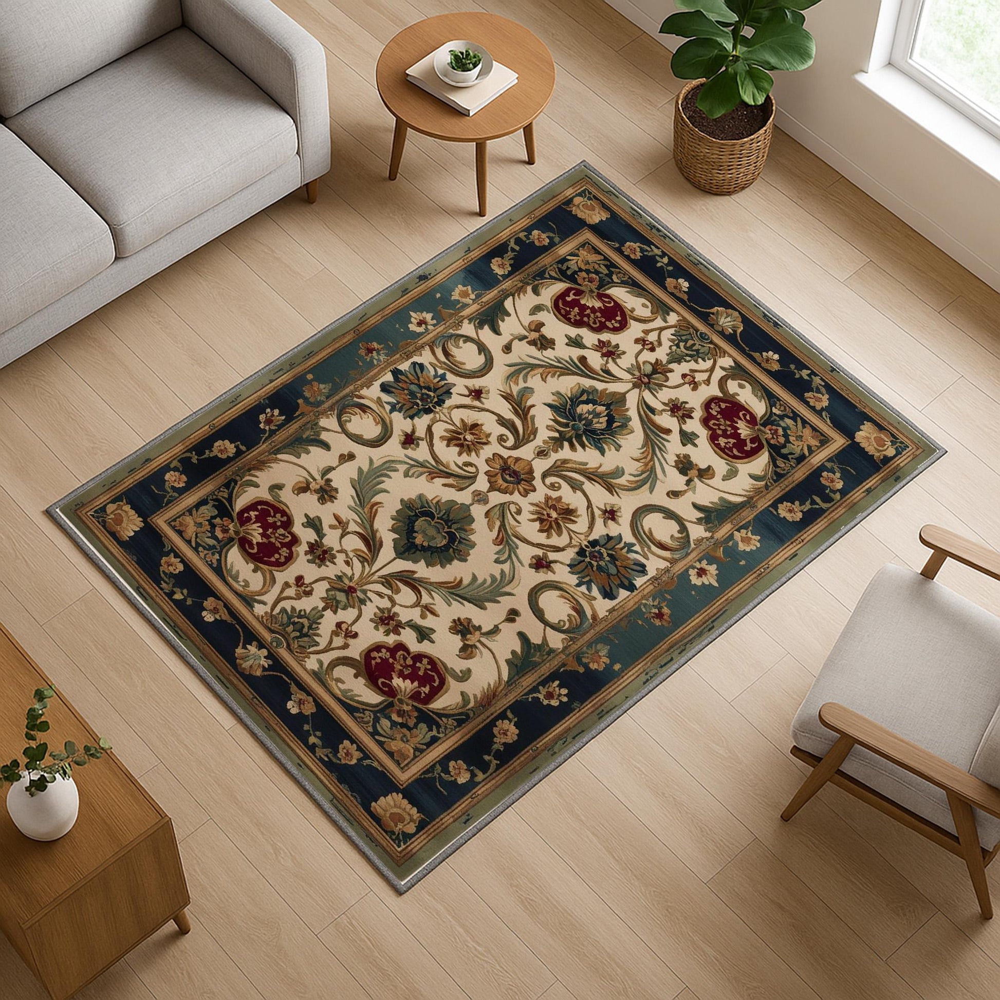 Victorian-style chenille rug with deep blue and red floral tapestry design, antique oriental border, washable and non-slip backing.