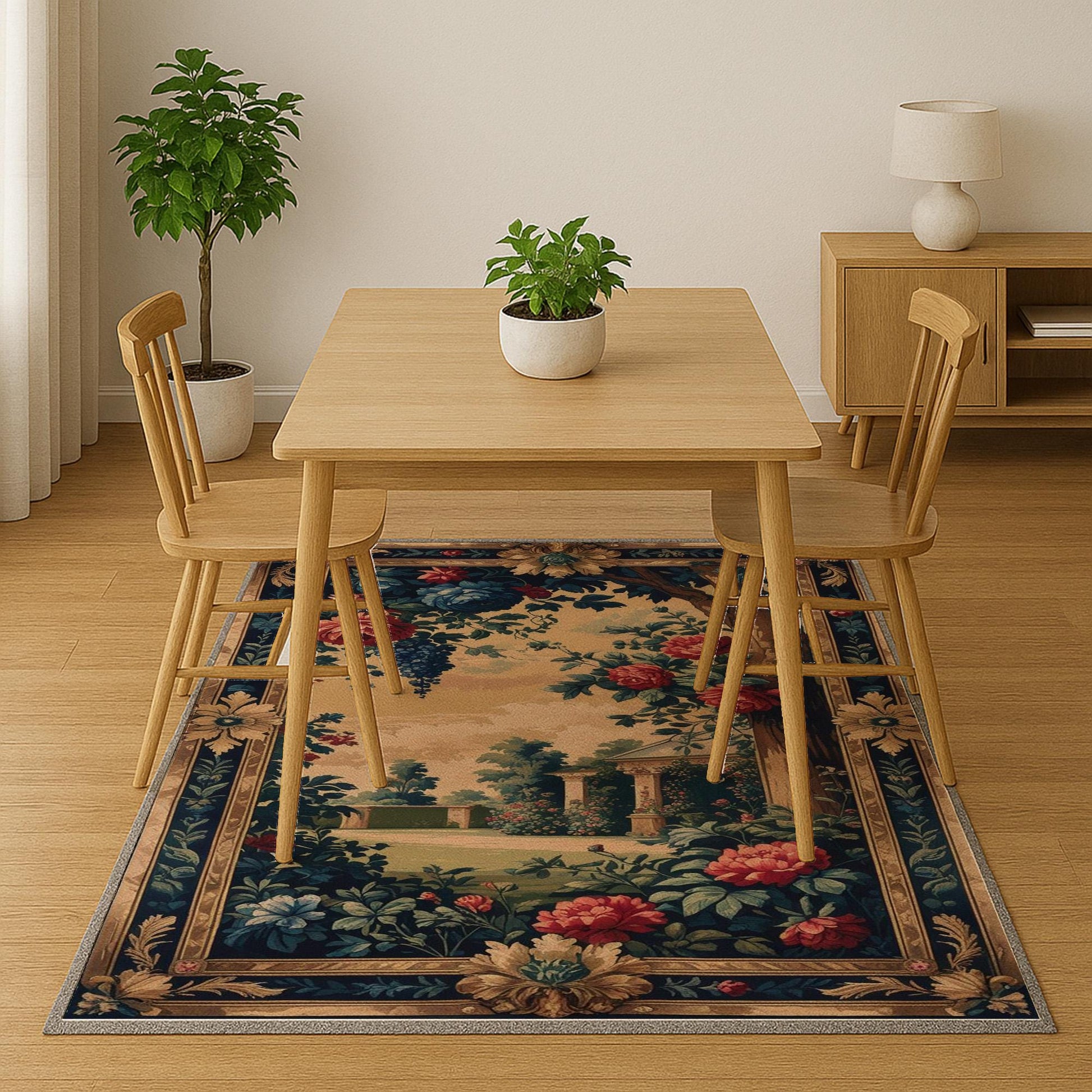 French Victorian chenille tapestry rug with ornate oriental frame, red and blue florals, grape clusters, and a romantic garden scene.