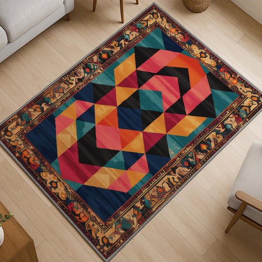 Colorful geometric chenille rug with antique oriental border, featuring teal, gold, pink, and black shapes, washable and non-slip backing.
