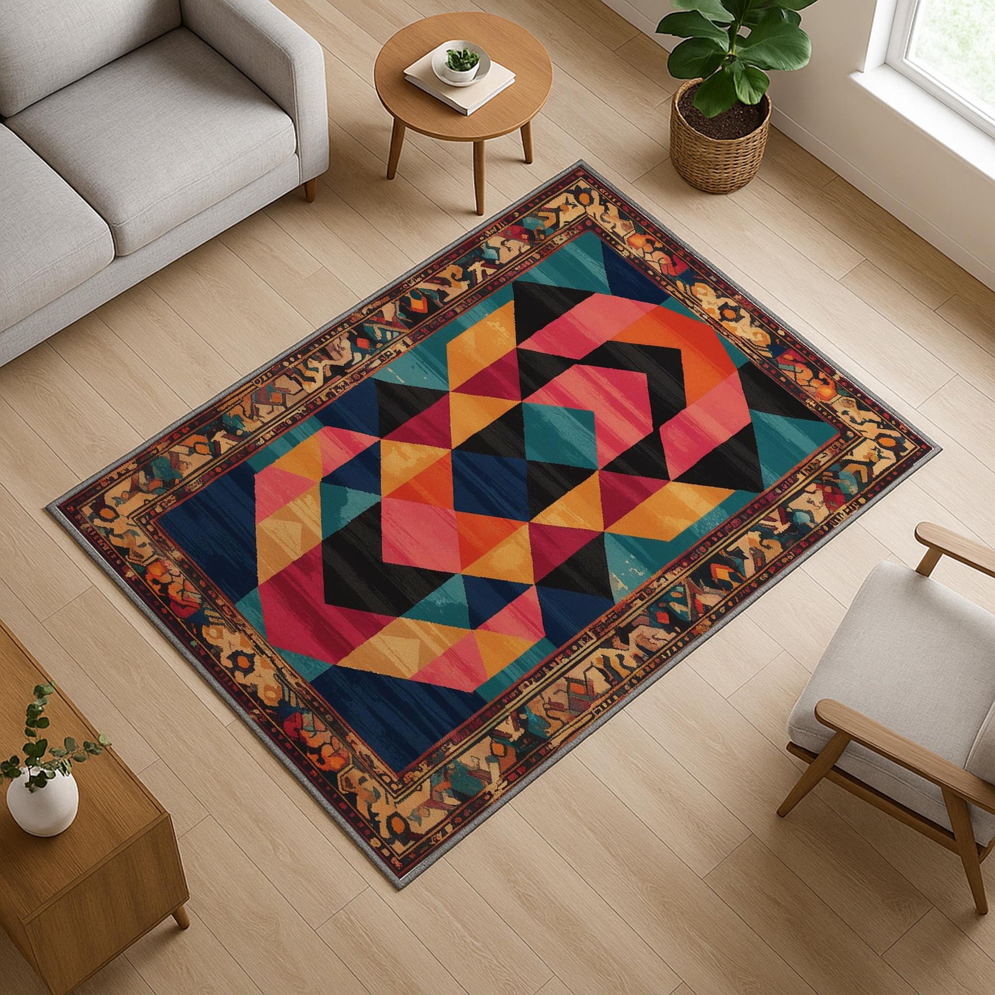 Colorful geometric chenille rug with antique oriental border, featuring teal, gold, pink, and black shapes, washable and non-slip backing.