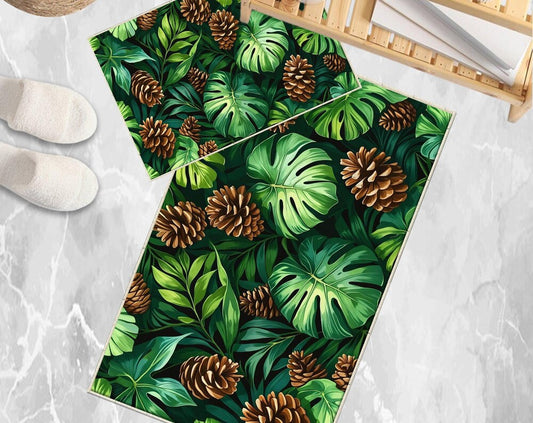 Pinecone Bath rug with palm leaves