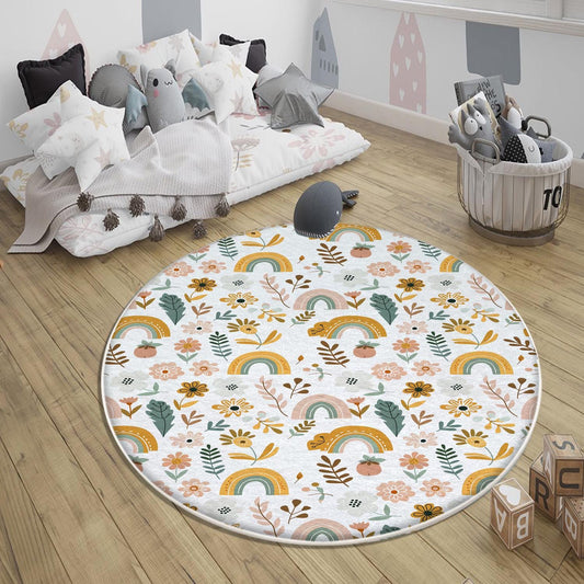 Round Colourful Floral Nursery Room Rug|Bestselling Kids Room Rugs|Handmade Kid&#39;s Carpets|Handmade Kids Room Rug|Cute Boho Baby Rugs