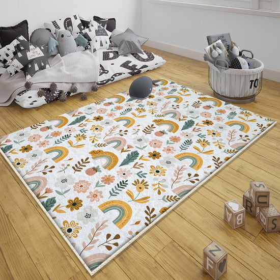 Round Colourful Floral Nursery Room Rug|Bestselling Kids Room Rugs|Handmade Kid&#39;s Carpets|Handmade Kids Room Rug|Cute Boho Baby Rugs