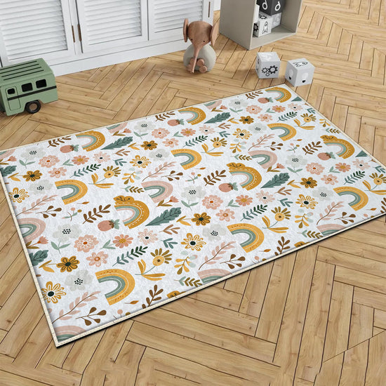 Round Colourful Floral Nursery Room Rug|Bestselling Kids Room Rugs|Handmade Kid&#39;s Carpets|Handmade Kids Room Rug|Cute Boho Baby Rugs