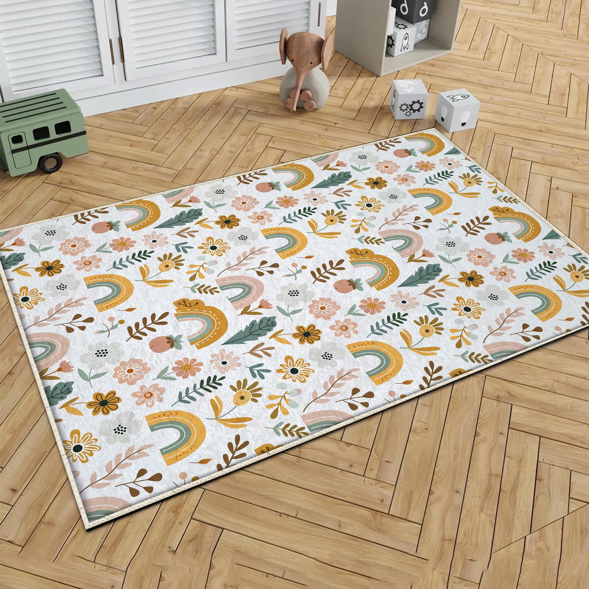 Round Colourful Floral Nursery Room Rug|Bestselling Kids Room Rugs|Handmade Kid&#39;s Carpets|Handmade Kids Room Rug|Cute Boho Baby Rugs