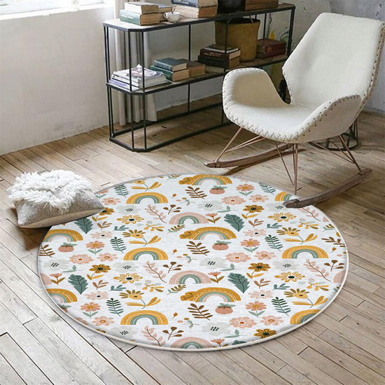 Round Colourful Floral Nursery Room Rug|Bestselling Kids Room Rugs|Handmade Kid&#39;s Carpets|Handmade Kids Room Rug|Cute Boho Baby Rugs