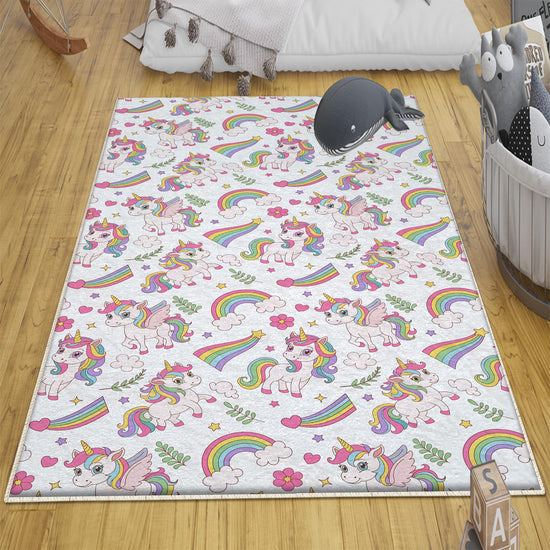 Round Unicorn Rainbow Nursery Girl Room Rug|Bestselling Kids Room Rugs|Handmade Kid&#39;s Carpets|Handmade Kids Room Rug|Cute Boho Baby Rugs
