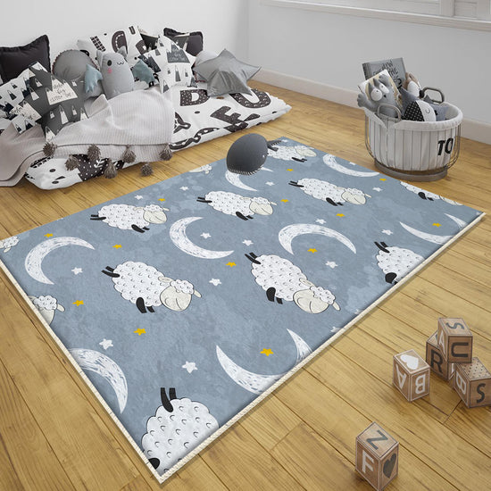 Round Blue White Lamb Moon Star Nursery Room Rug|Bestselling Kids Room Rugs|Handmade Kid&#39;s Carpets|Handmade Kids Room Rug|Cute Baby Rugs