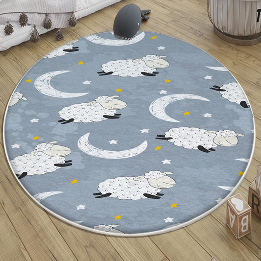 Round Blue White Lamb Moon Star Nursery Room Rug|Bestselling Kids Room Rugs|Handmade Kid&#39;s Carpets|Handmade Kids Room Rug|Cute Baby Rugs