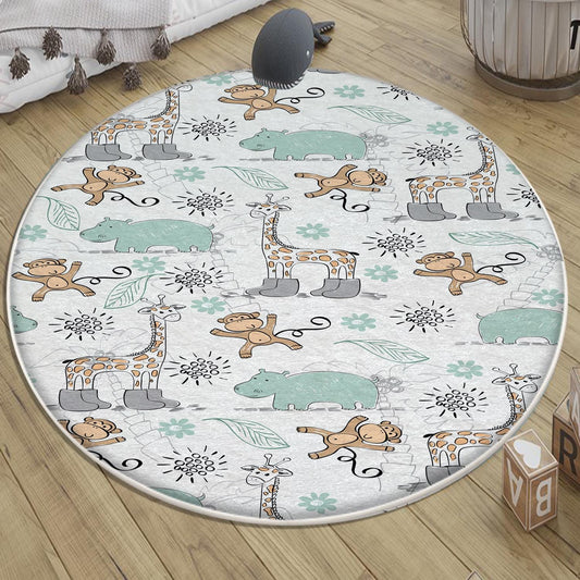 Round Giraffe Monkey Jungle Nursery Room Rug|Bestselling Kids Room Rugs|Handmade Kid&#39;s Carpets|Handmade Kids Room Rug|Cute Animals Baby Rugs