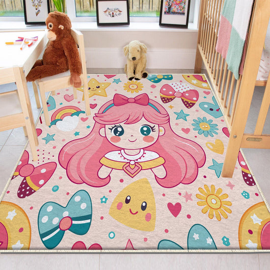 Round Colorful Cute Girl Nursery Room Rug, Cute Rainbow Rug For Kids Room, Playground Rug, Baby Rug, Nursery Decor with pillow case gift