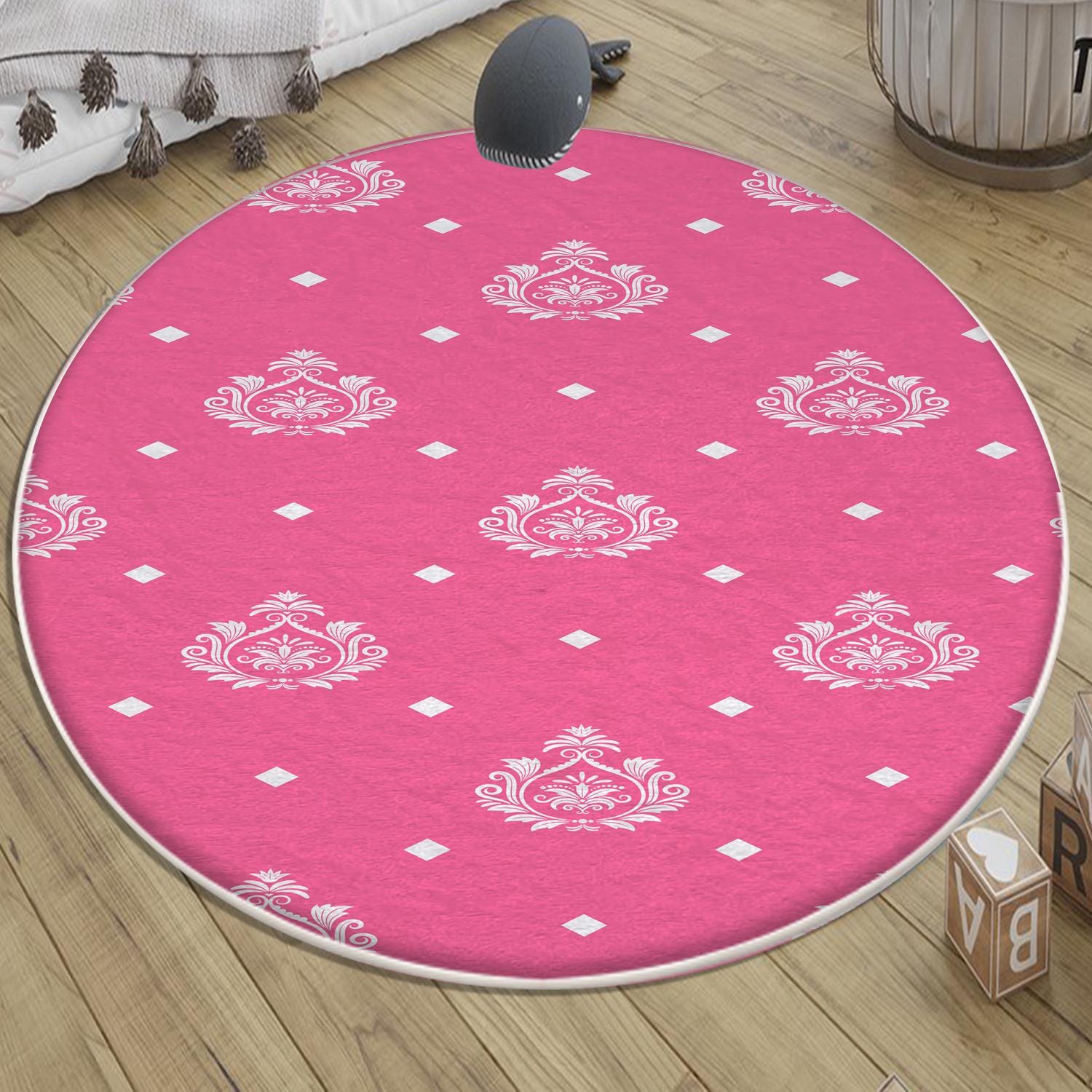 Round Pink White Girl Nursery Room Rug, Cute Rainbow Rug For Kids Room, Playground Rug, Baby Rug, Nursery Decor with pillow case gift