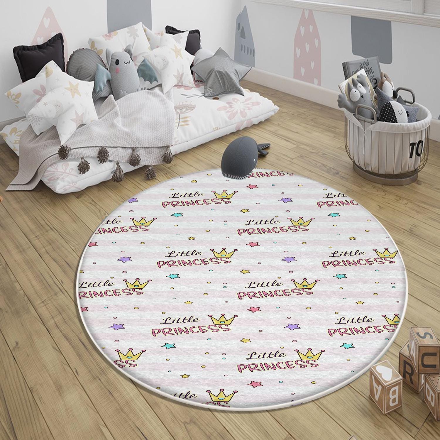 Round Princess Writen Nursery Room Rug, Cute Girl Rug For Kids Room, Playground Rug, Baby Rug, Nursery Decor with pillow case gift
