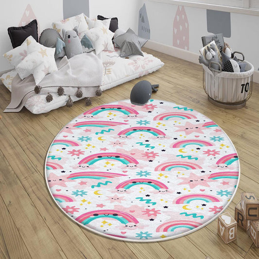 Round Rainbow Clouds Stars Nursery Room Rug, Cute Girl Rug For Kids Room, Playground Rug, Baby Rug, Nursery Decor with pillow case gift